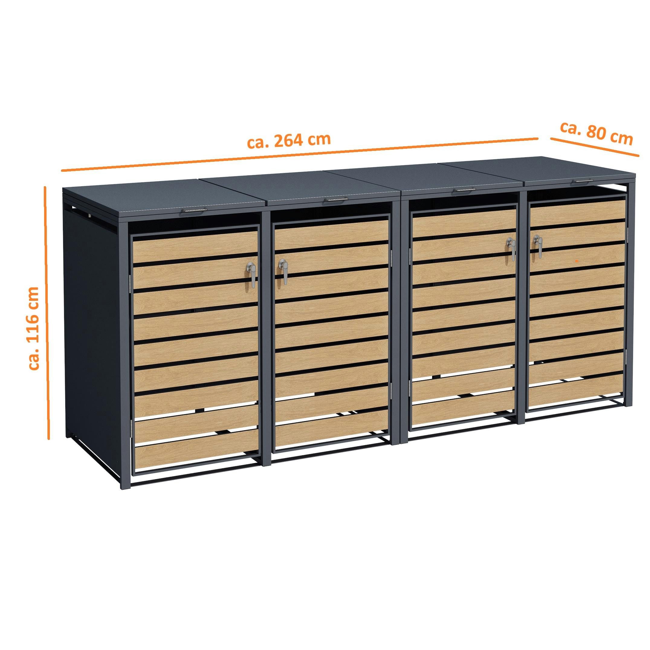 ESTEXO Mülltonnenbox Müllbox Mülltonnenverkleidung 4 Türen Box Anthrazit mit Holzdekor – Bild 2 von 5