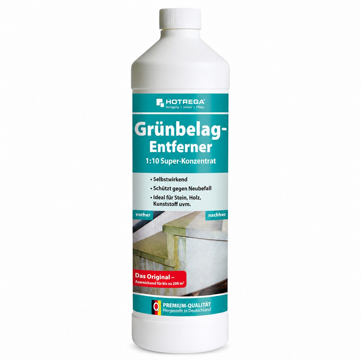 HOTREGA® Grünbelagentferner Algenentferner Stein Holz Textil 1L Konzentrat Grünbelagentferner