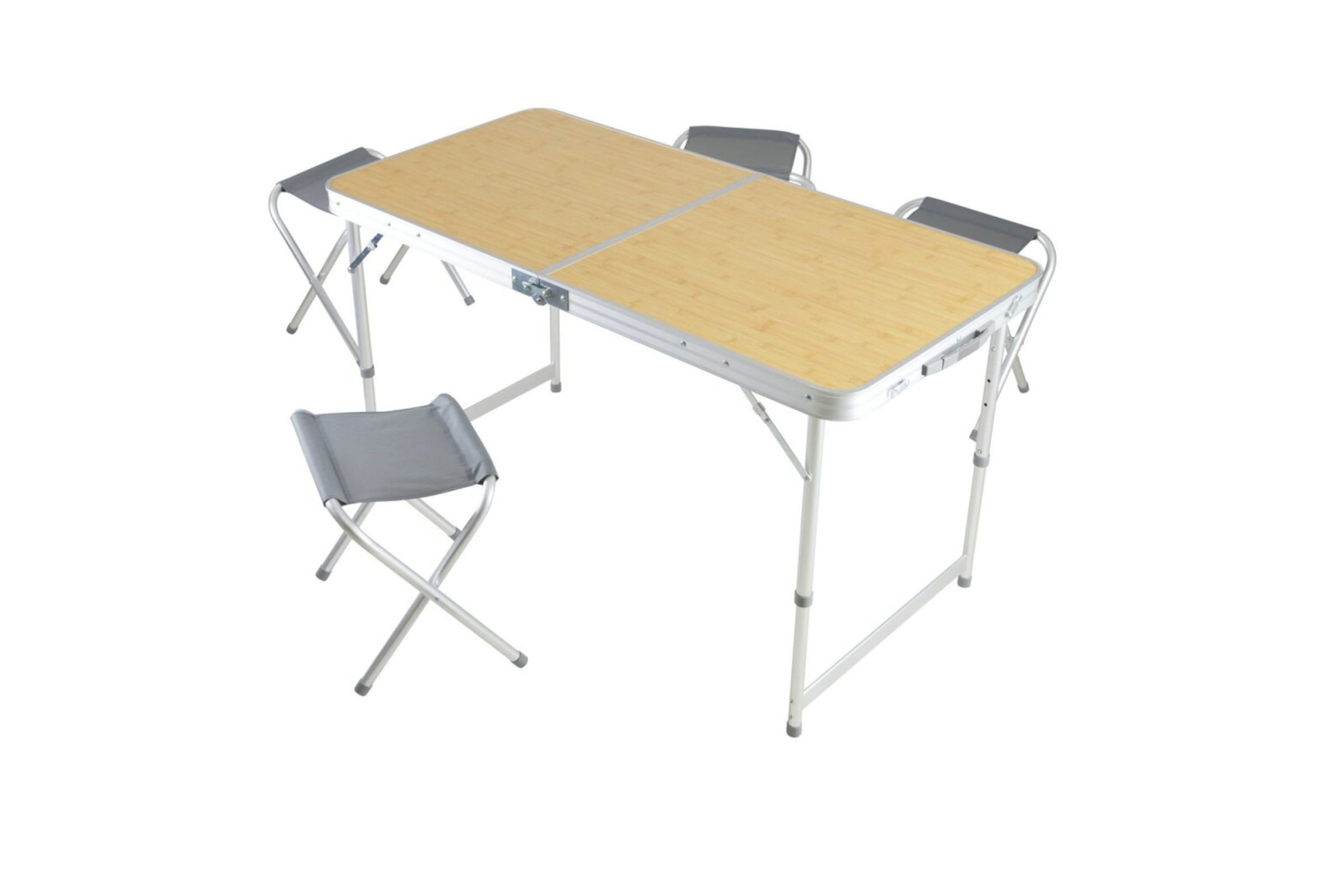 Rocktrail Campingtisch Campingmöbel Set Campingtisch- & Hocker Set Faltbar (Campingtisch-Set, 1-St., 5-teilig: 1× Tisch, 4× Hocker – platzsparend im Tisch verstaubar), Campingtisch mit vier Hockern, Faltsystem