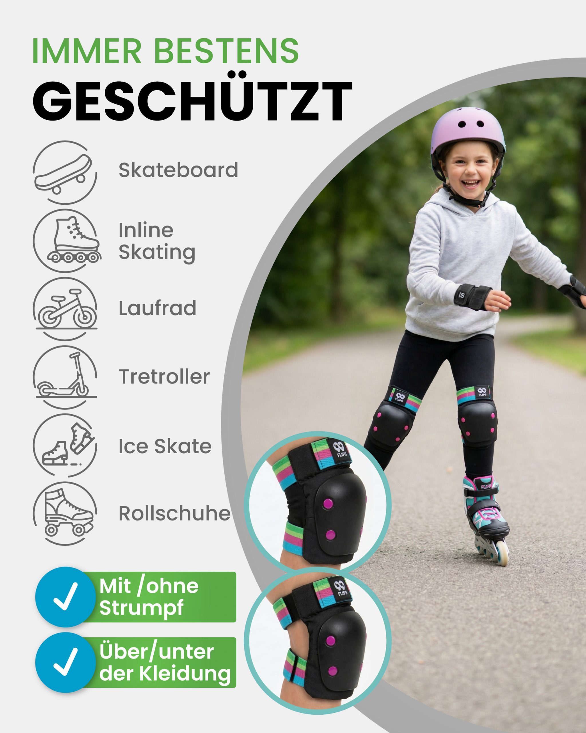 99FLIPS Protektoren-Set 3-12 Jahre Protektoren Mädchen mit Ellenbogenschoner Knieschützer (Knieschoner Set Kinder, 6-tlg., Schützer Set Kinder Knieschoner Handg – Bild 4 von 5