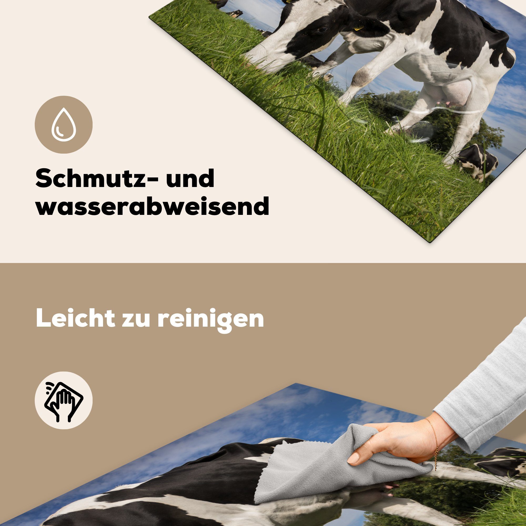 MuchoWow Herdblende-/Abdeckplatte Kuh Schwarz Schutz tlg), die Weiß Lebensmittel, für küche, - - 81x52 cm, Vinyl, Ceranfeldabdeckung (1 - Induktionskochfeld