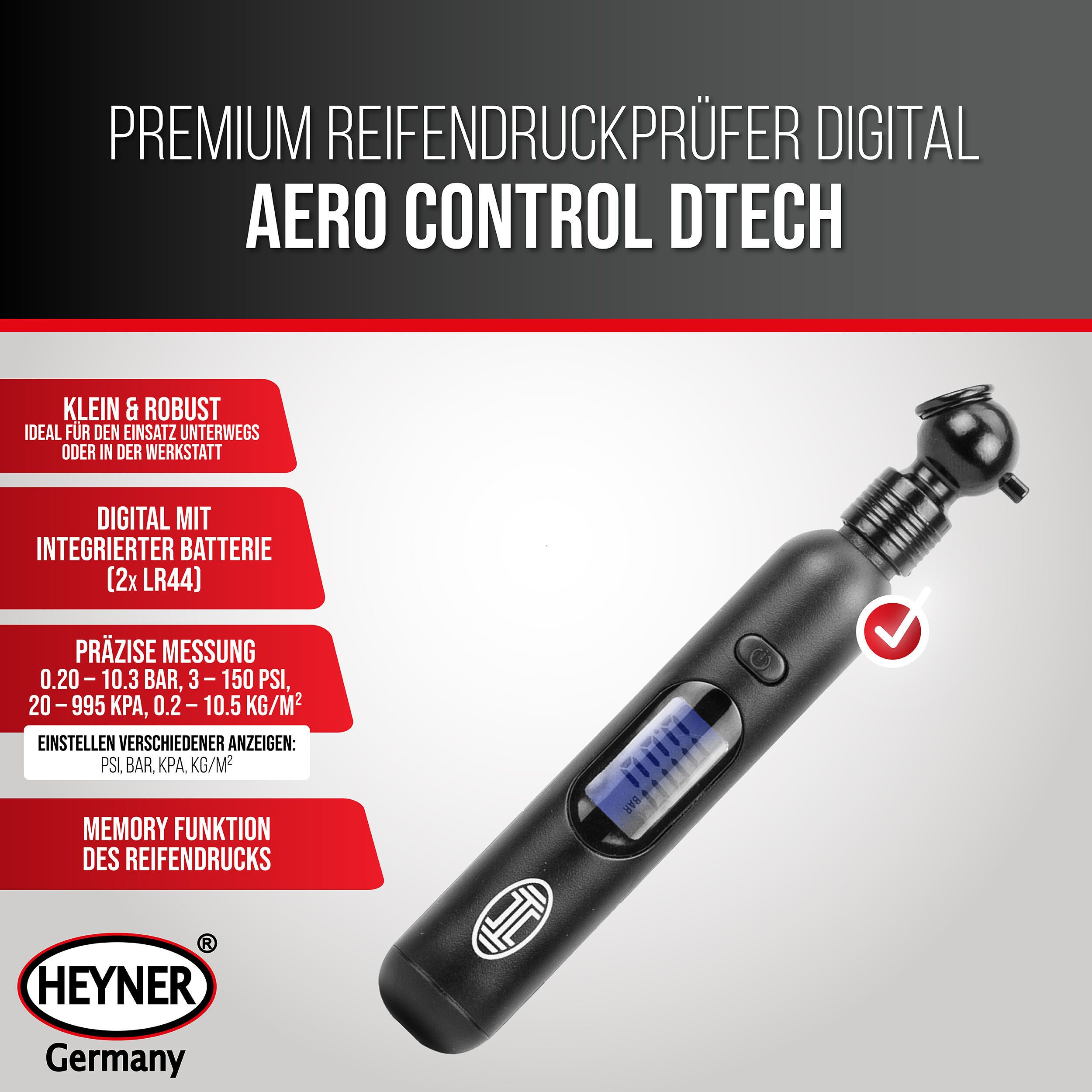HEYNER Reifendruckkontrollsystem Reifendruckprüfer digital Luftdruckprüfer Manometer 0.20 - 10.3 bar, 1-tlg.
