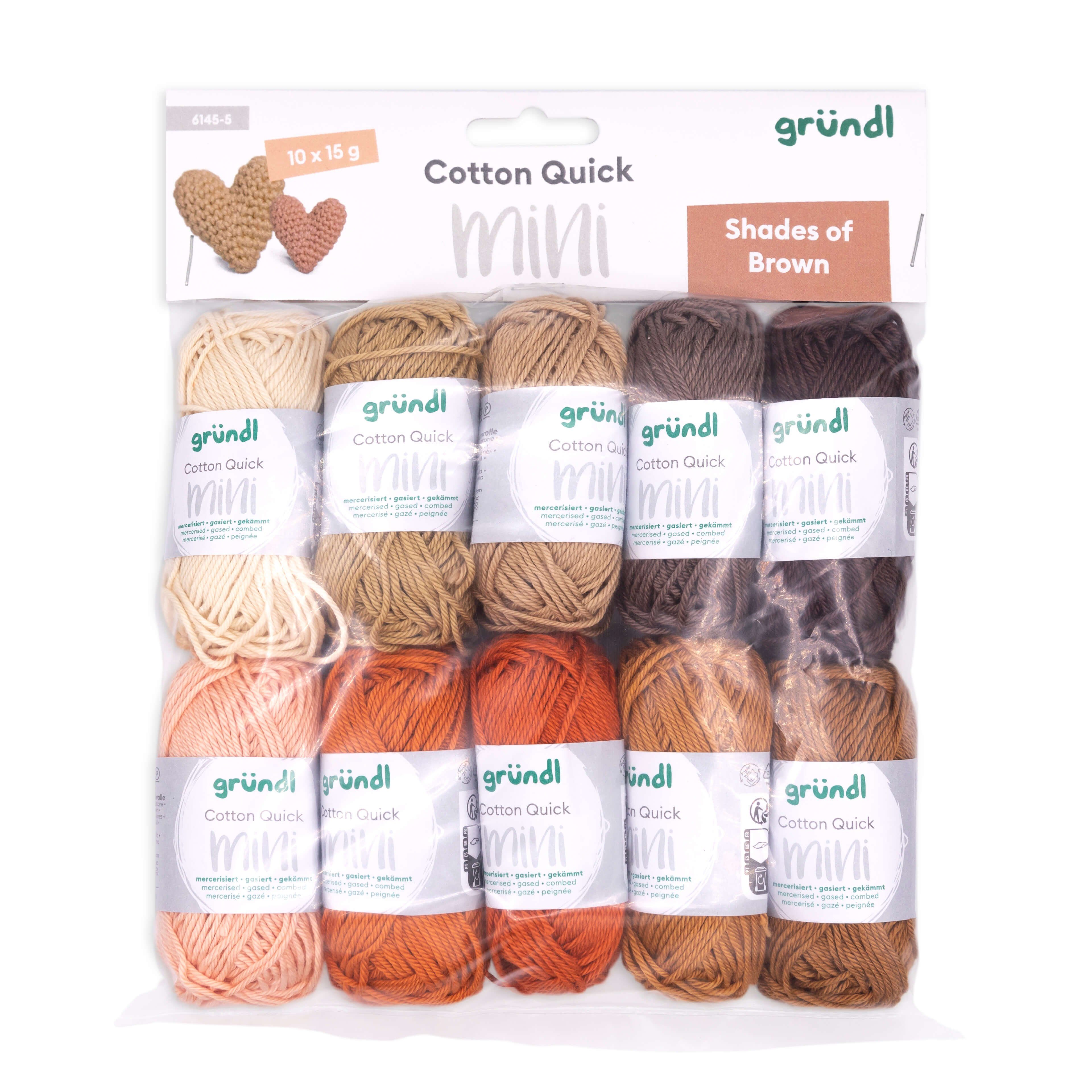 Gründl Cotton Quick Mini Shades Häkelgarn Set 10 x 15 g Häkelwolle, (Amigurumi Garn, Wollset Baumwollgarn), reine Baumwolle Nadelstärke 3-4mm