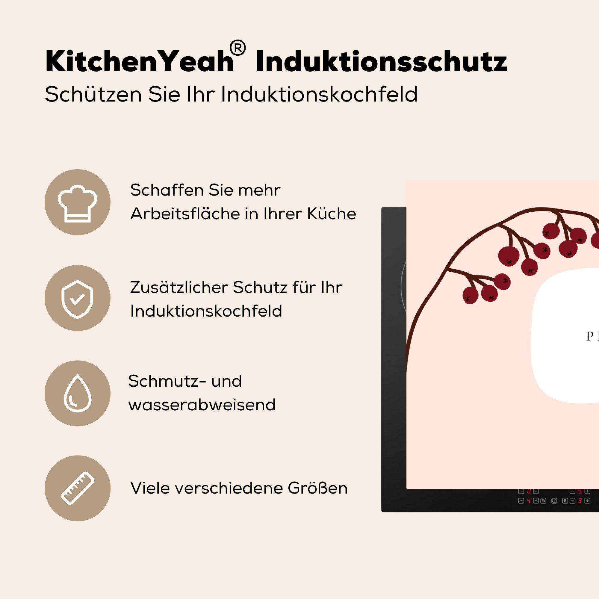 MuchoWow Herdblende-/Abdeckplatte Beeren - Äste für Induktionskochfeld Schutz (1 küche, Rosa, - Ceranfeldabdeckung die Vinyl, 81x52 Zitat - tlg), cm