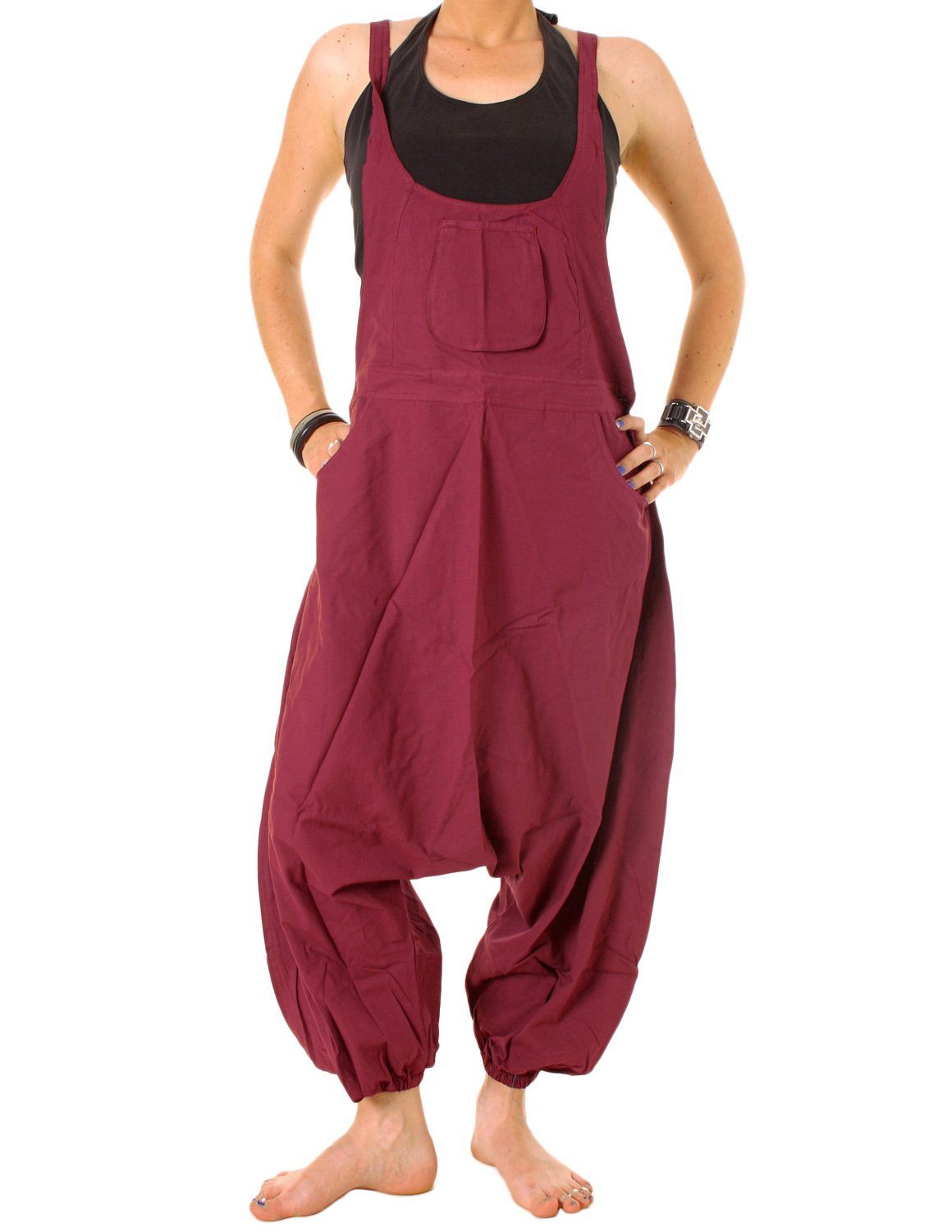 Vishes Latzhose Damen Sommer Hose Haremshose Overall Baumwolle bequem zu tragen, Hippie, Goa, einfarbig bordeaux