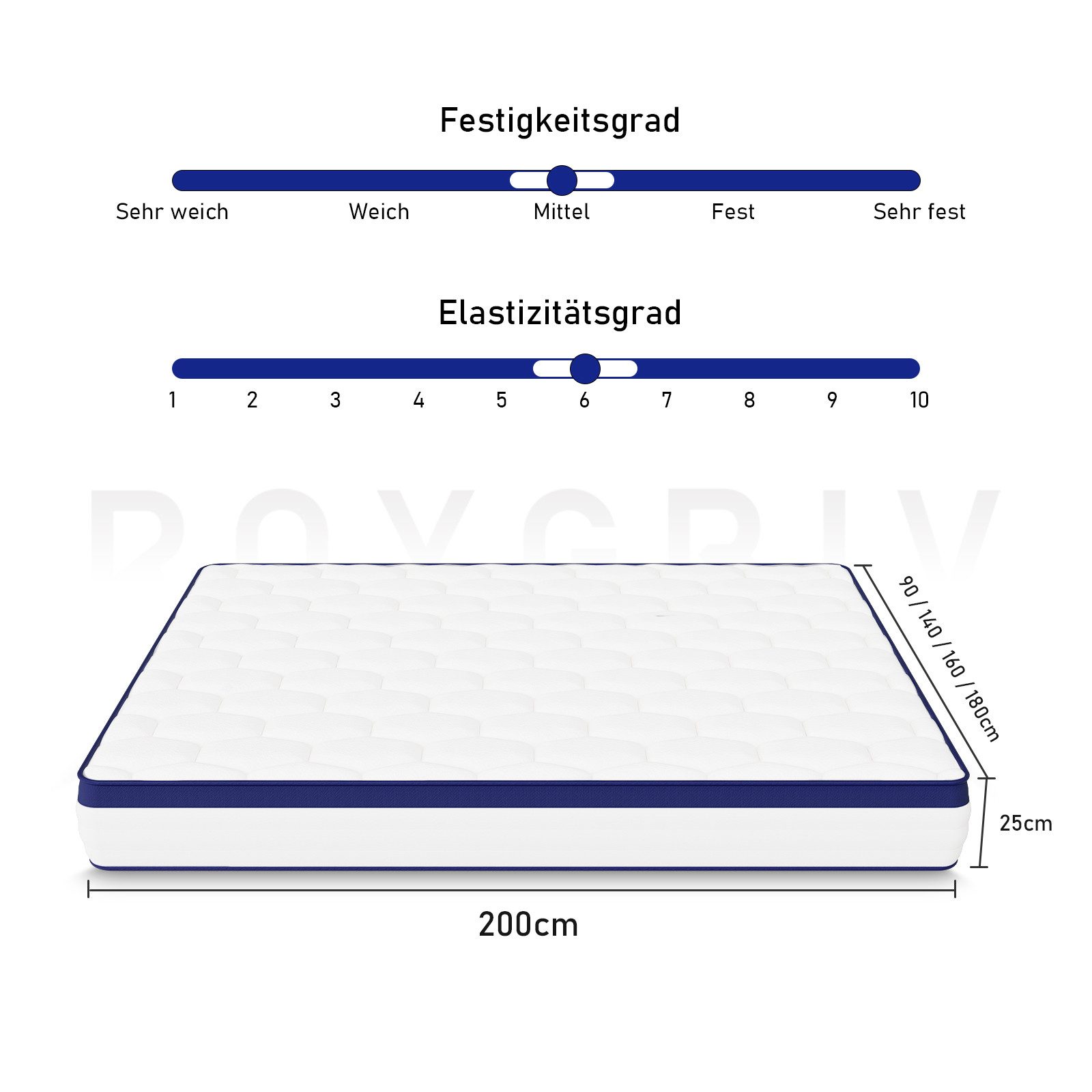 Taschenfederkernmatratze 7-Zonen Taschenfederkernmatratze Luxusmatratze – OEKO-TEX®, ROYGBIV, 25 cm hoch, Atmungsaktive Matratze mit Randverstärkung & schallschluckenden Federn