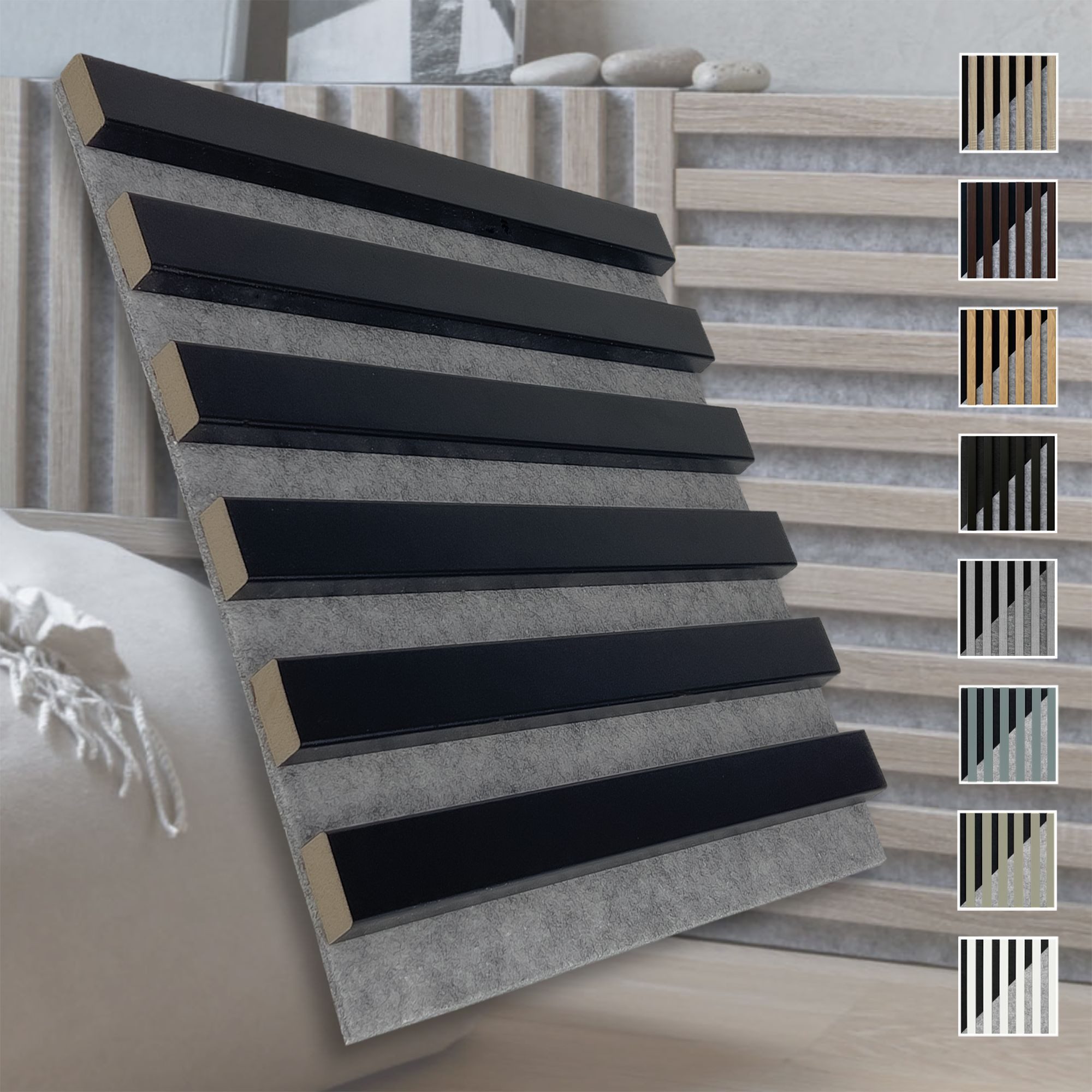 marbet design Wandpaneel, (Akustikpaneele Akustikquadrate 30x30cm Wandverkleidung Holz - (1 Paneel, grau - schwarz matt) Paneele Akustikfilz Lamellendekor Schallschutz)