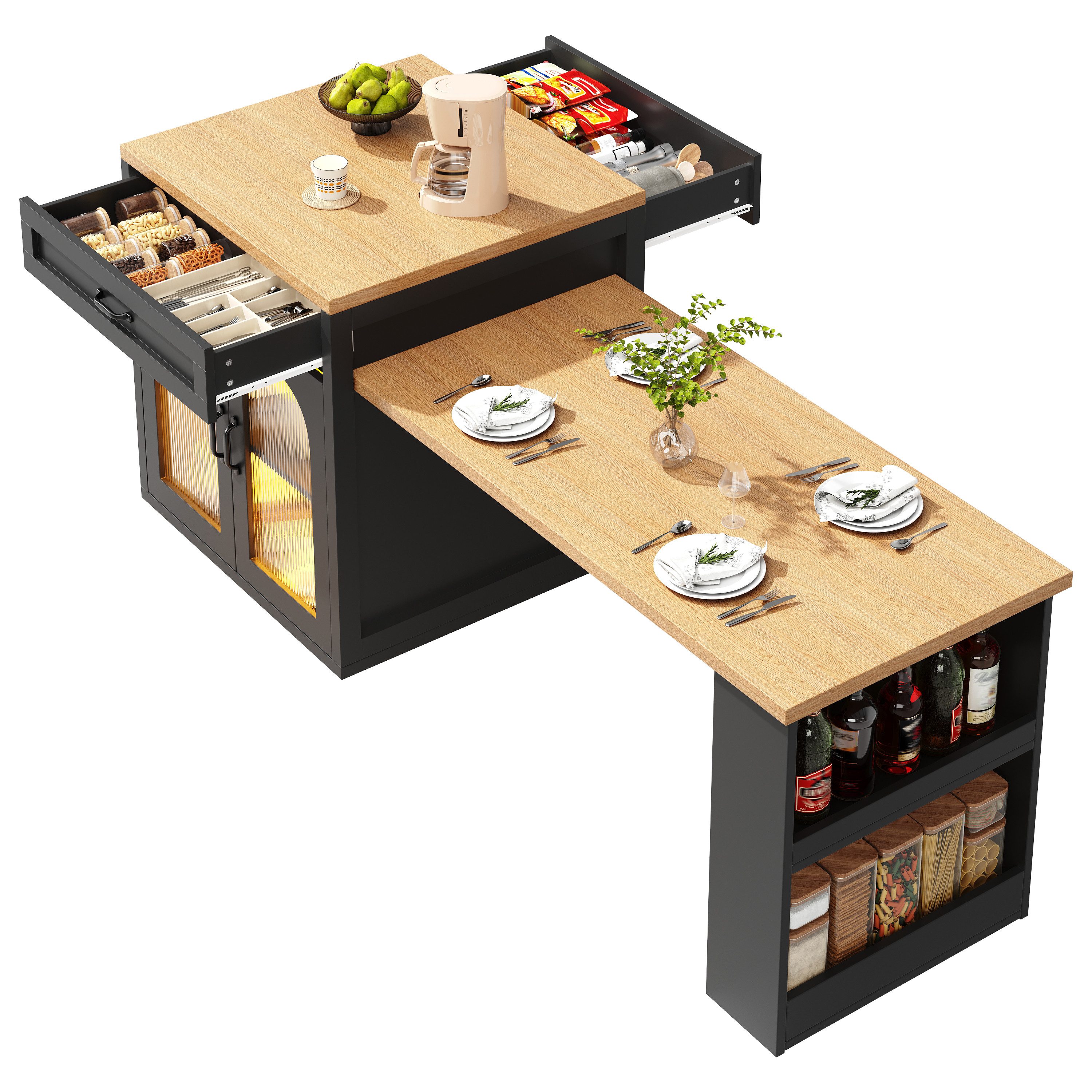 i@home Kücheninsel Ausziehbare Kücheninsel mit LED-Beleuchtung, (Moderner Küchenschrank mit 2 Schubladen), MDF-Küchenarbeitsplatte für Essbereich, Verstellbare  – Bild 2 von 5