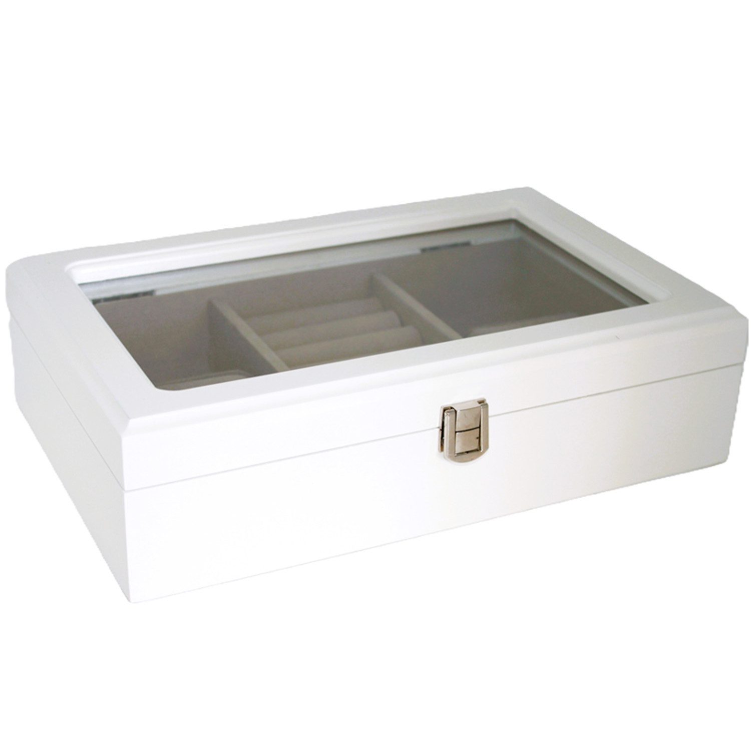 Queen Isabell Schmuckkasten Schmuckkästchen Organizer mit Glasdeckel, Praktische Fächer und Platz für Ringe und kleine Schmuckaccessoires