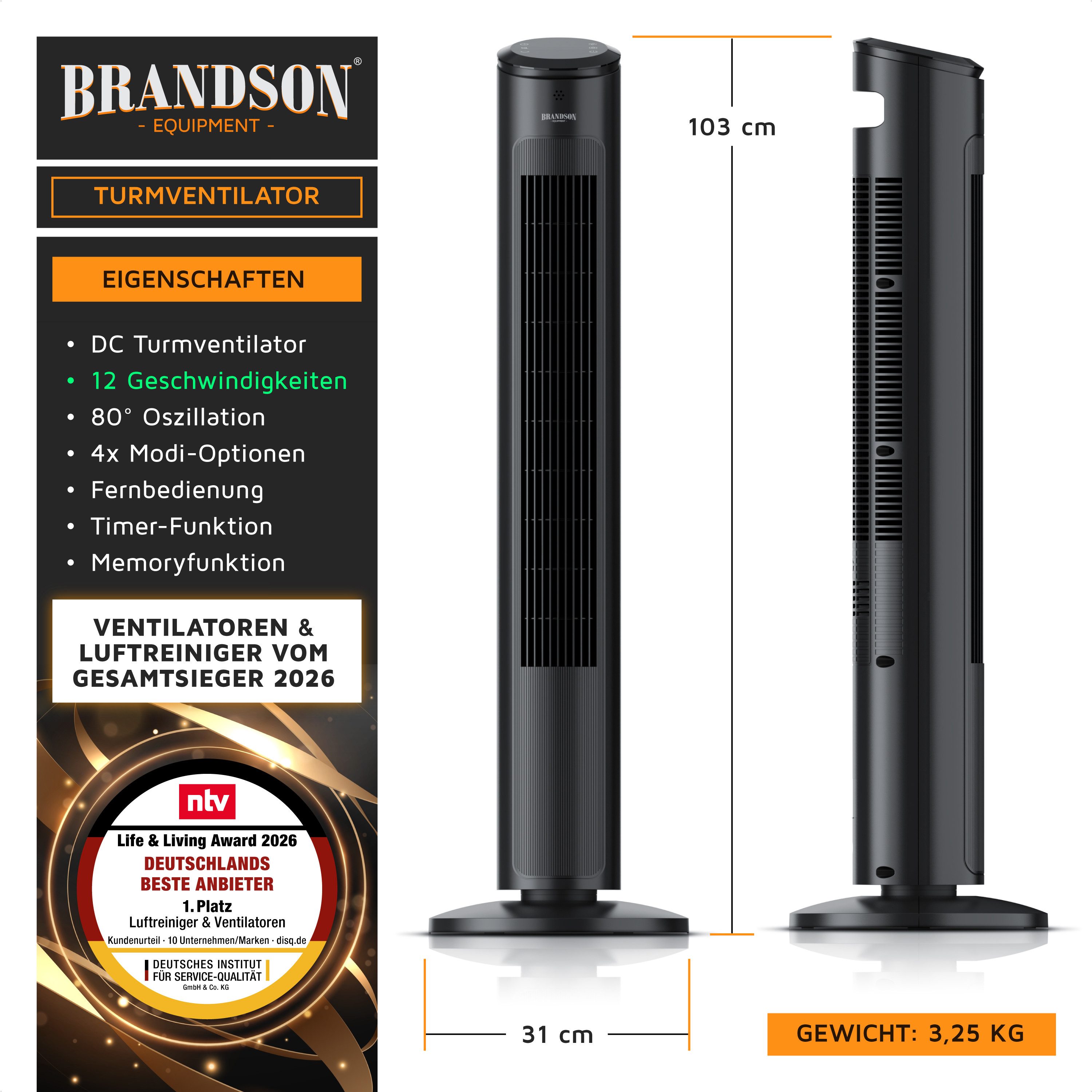 Brandson Turmventilator mit Fernbedienung, sehr leise, DC Motor, Schlaf Modus, Oszillation, Sieger Life&Living Award 2026, 12 Geschwindigkeitsstufen, Lüfter