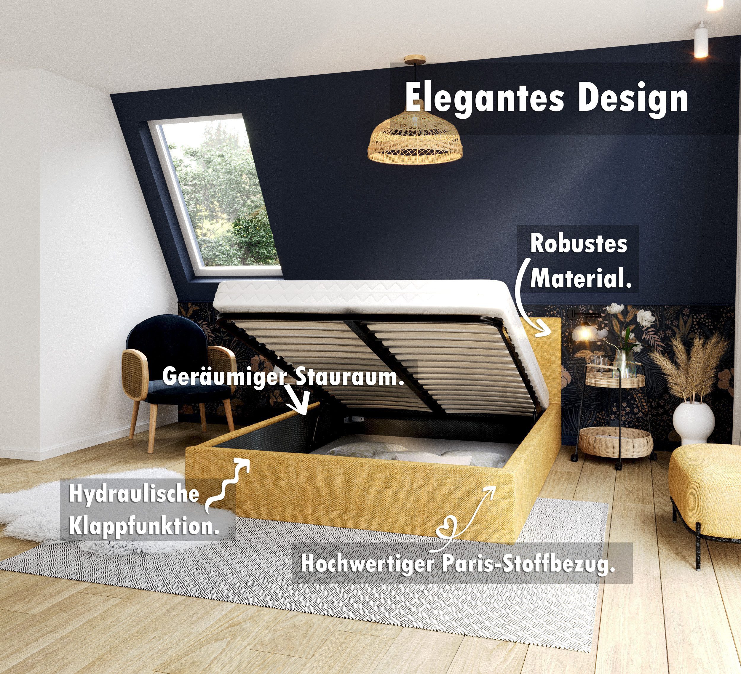thematys Polsterbett Bett Stauraumbett 90x200, 120x200, 140x200, 160x200, 180x200cm (MADE IN EU - mit hochwertigem fein gewebter Stoff für einen zeitlosen Look, Bettrahmen, Bett, Optional mit Matratze bestellbar, mit großen gepolsterten Kopfteil, mit Bettkasten zum aufklappen), Metallrahmen mit Lattenrost, hydraulische Klappfunktion für Stauraum
