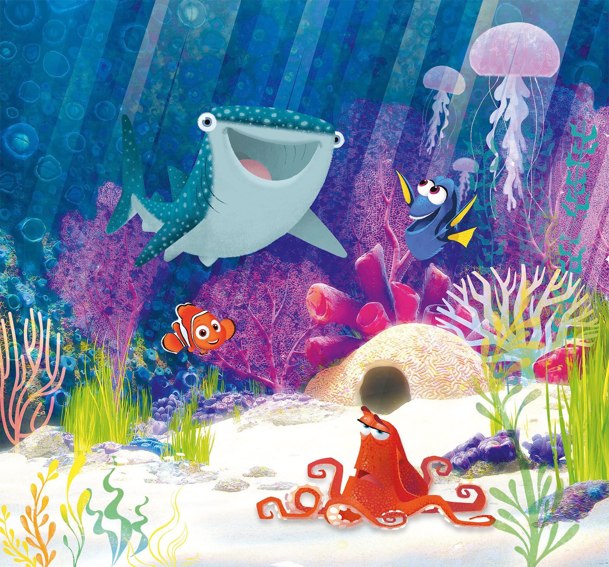 Komar Vliestapete Digitaldruck Vlies - Dory Aqua Party - Größe 300 x 280 cm, glatt, bedruckt, Kinderzimmer