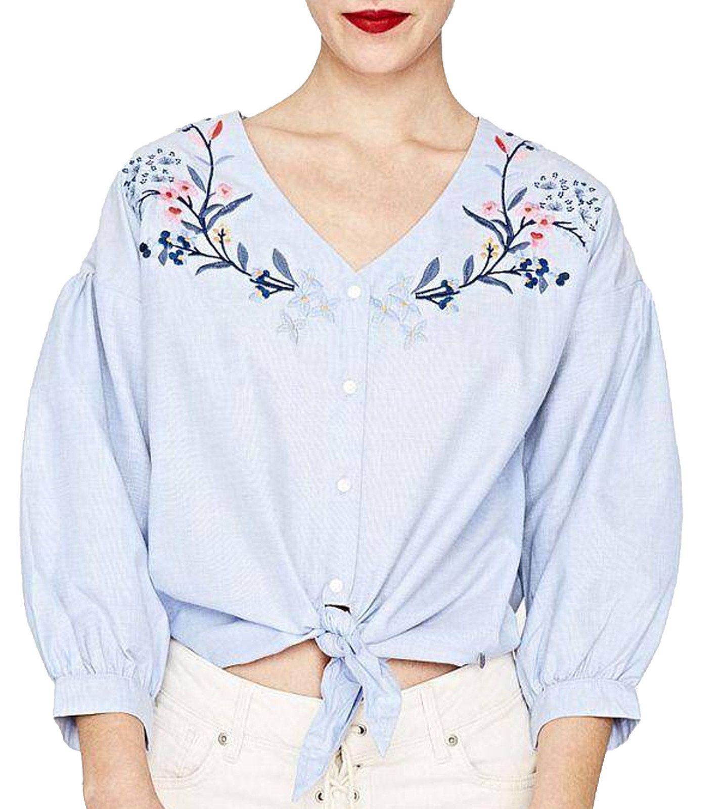 Pepe Jeans Langarmbluse »Pepe Jeans Langarm-Bluse kurz geschnittenes Damen  Sommer-Shirt mit Blumenstickerei Bluse Blau« online kaufen | OTTO