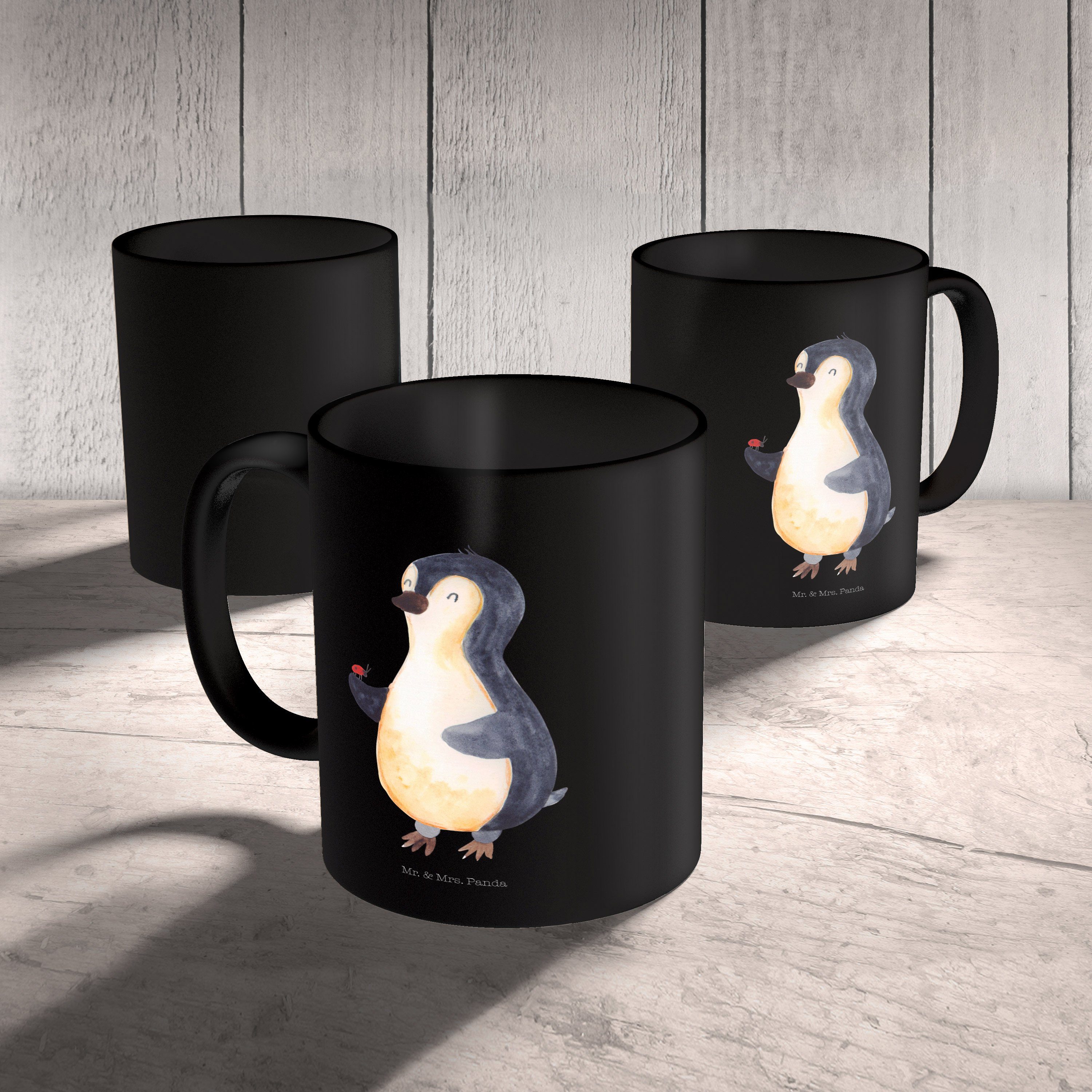 Geschenk, Mrs. - Tasse & Panda Mr. Keramik - Marienkäfer Becher, Schwarz Tasse, Geschen, Schwarz Büro Pinguin