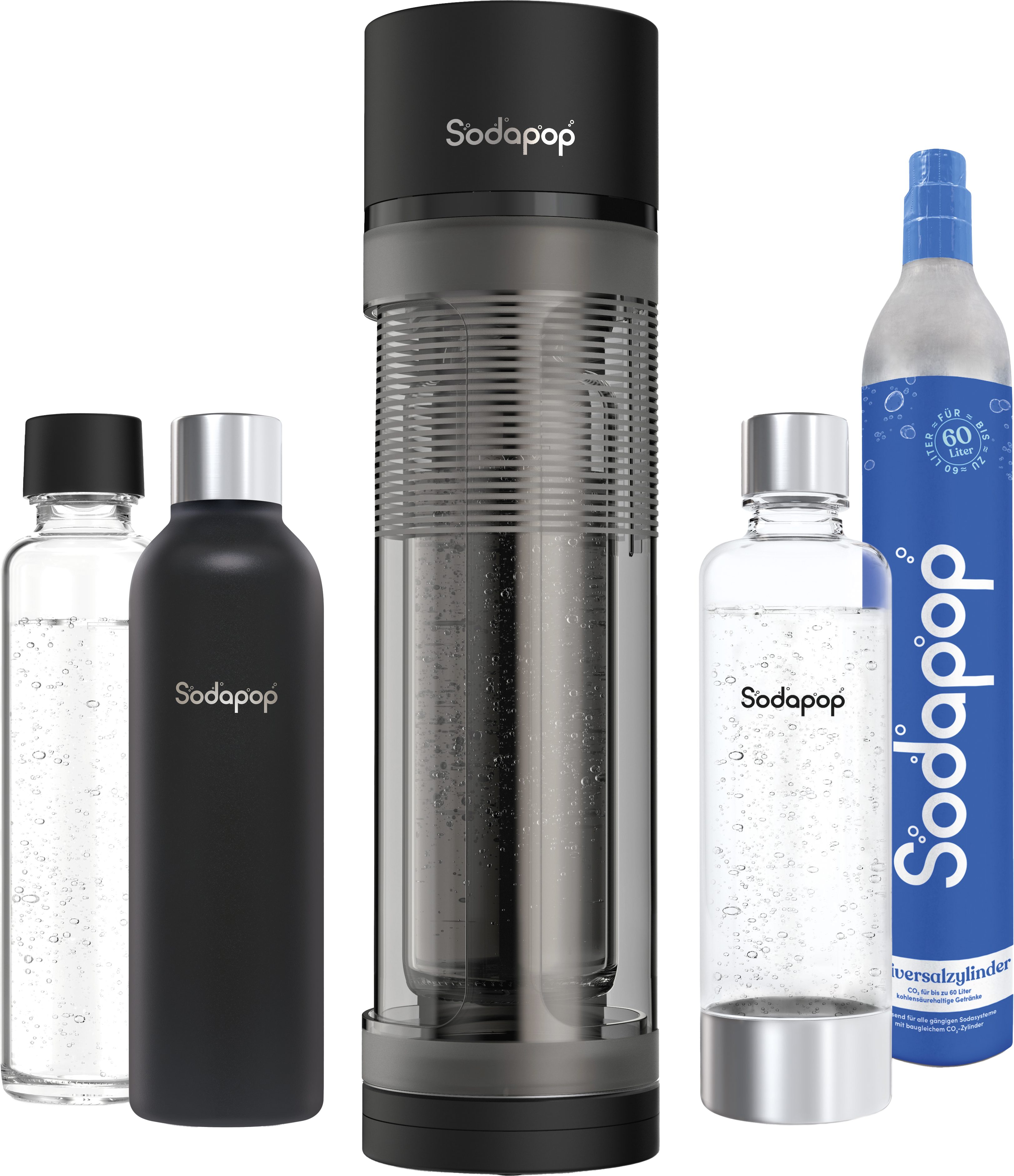 Sodapop Wassersprudler Logan mit Glas-, PET- & Edelstahlflasche - CO²-Zylinder enthalten, (Starterset, Komplettset inklusive 3 Flaschen sowie CO₂-Zylinder), 3 verschiedene Flaschenarten inklusive