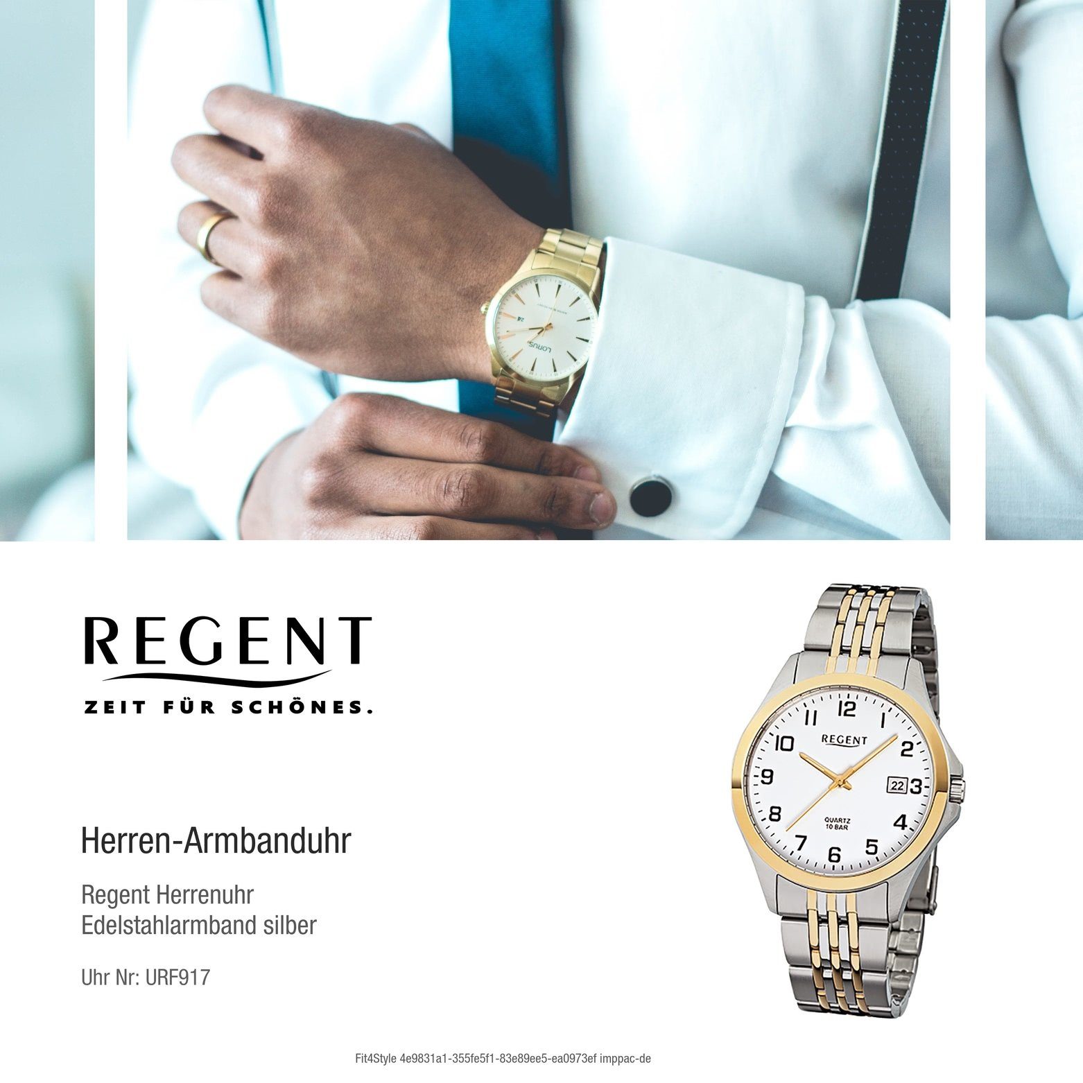 Regent Quarzuhr Regent Edelstahlarmband mittel Armbanduhr Herren-Armbanduhr Herren rund, Analog, gold silber 39mm), (ca