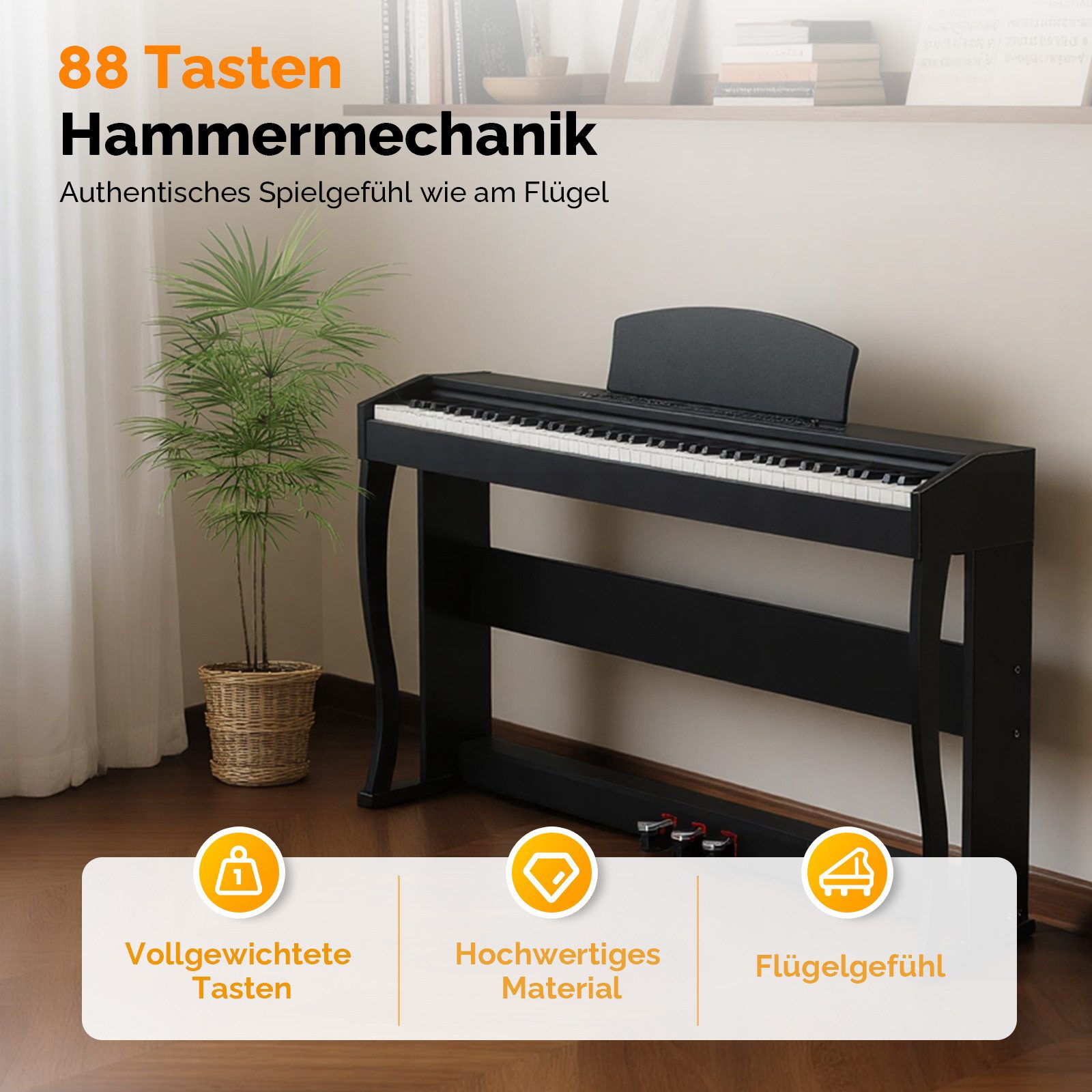 VINGLI Digitalpiano GDP-104 E Piano 88 Tasten, vollgewichtete Tastaturen, Dual Bluetooth, Digitalpiano mit Klavierständer, Weiß/Schwarz/Schwarznussbraun – Bild 4 von 5