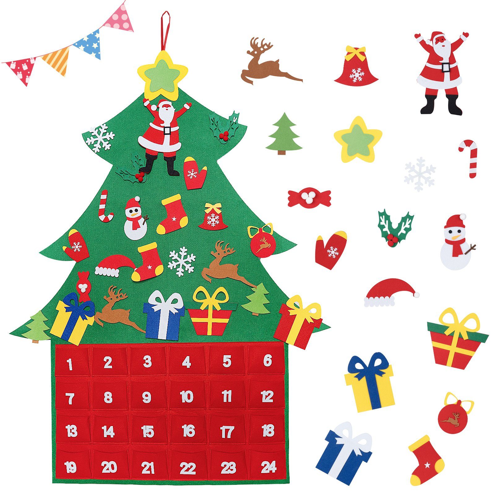 Homewit Adventskalender 25-teilig Filz-Adventskalender (H 120cm * W 93cm Weihnachtsbaum Adventskalender Weihnachten Adventskalender DIY Wandbehang mit 24 Taschen Filz Adventskalender Geschenk, 1-tlg), für Weihnachtsschmuck Home Wanddekorationen