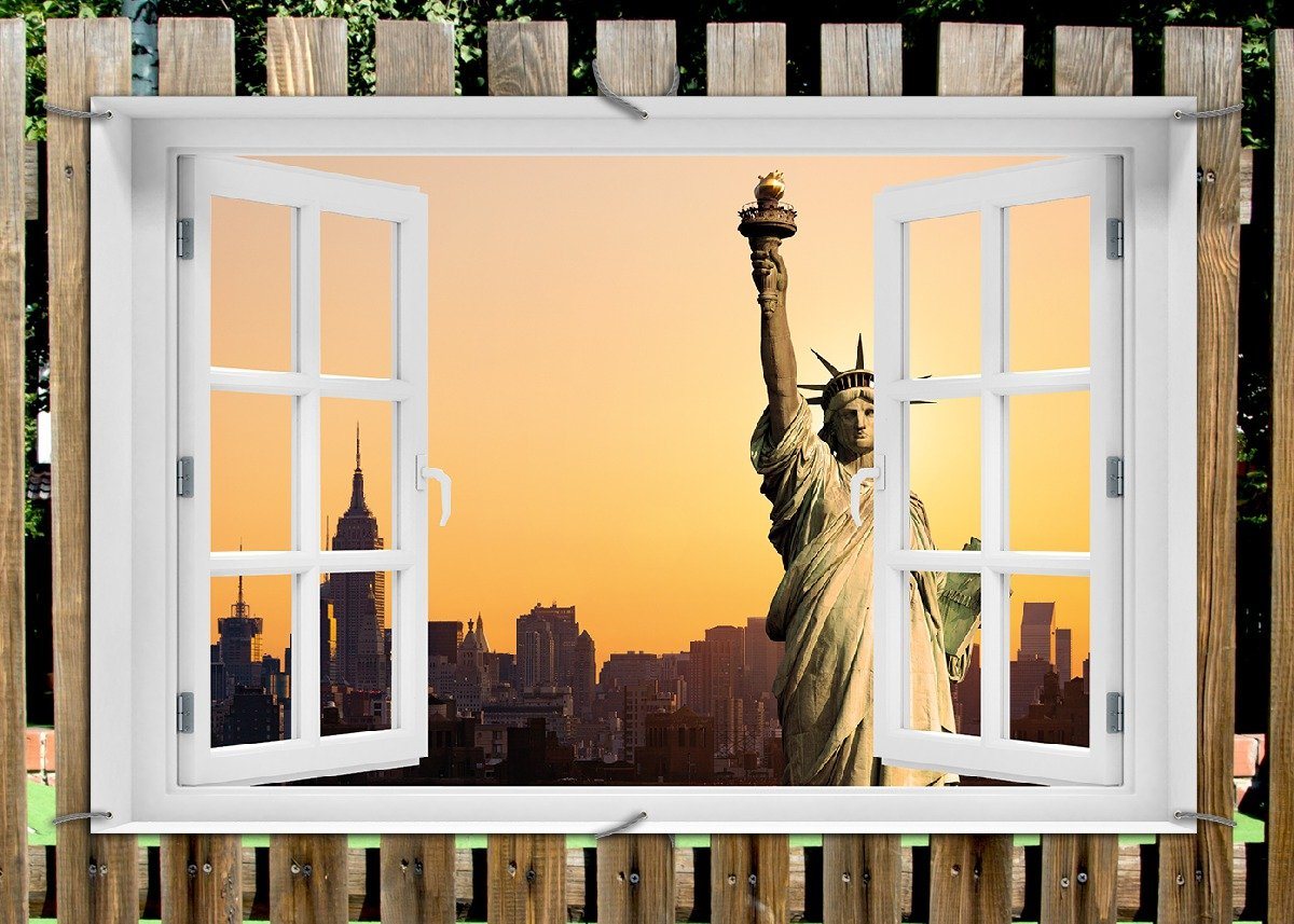 Thumbnail - Wallario Sichtschutzzaunmatten Freiheitsstatue New York, mit Fenster-Illusion