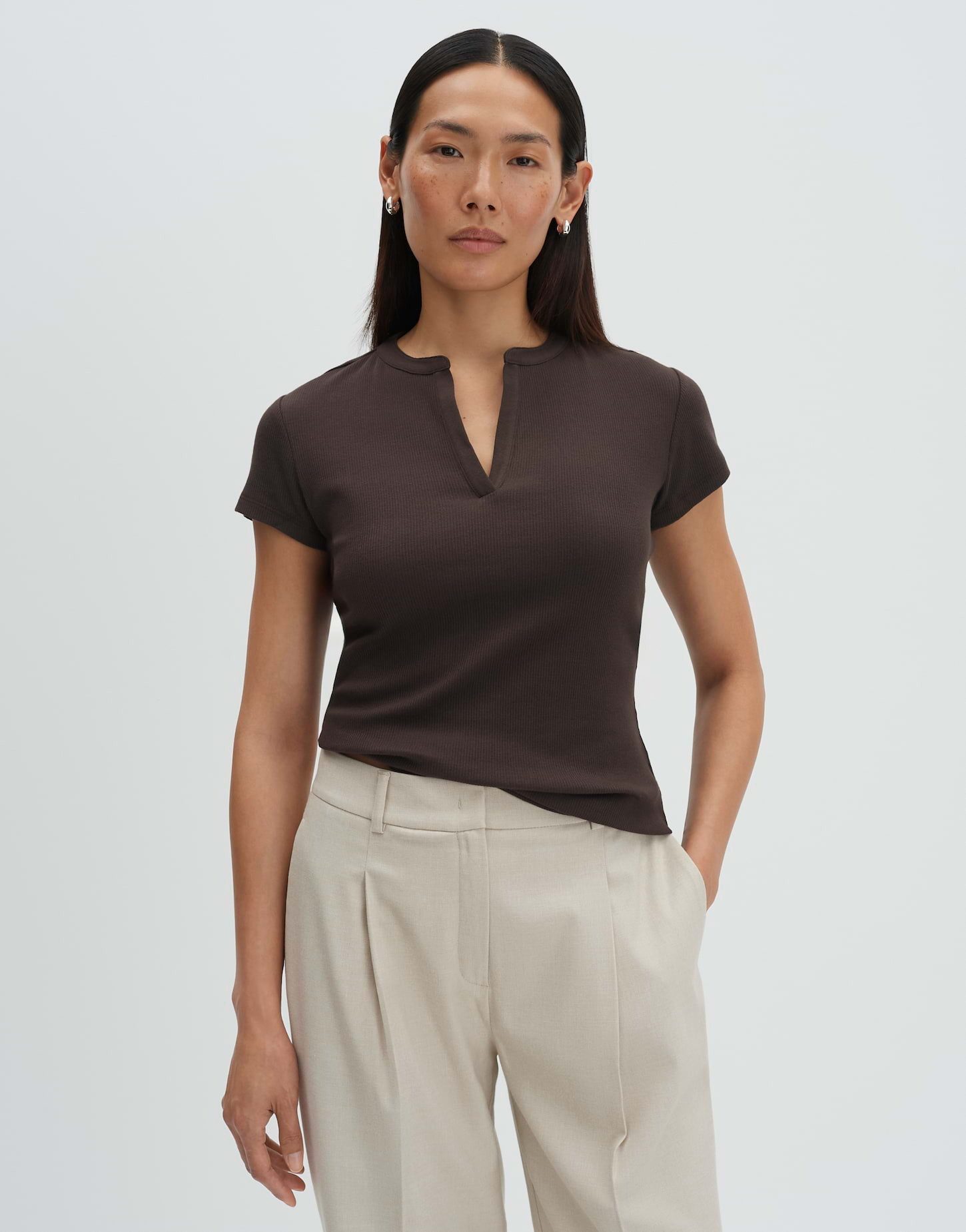 someday Kurzarmshirt Geripptes Shirt KLEOH DETAIL mit V-Ausschnitt