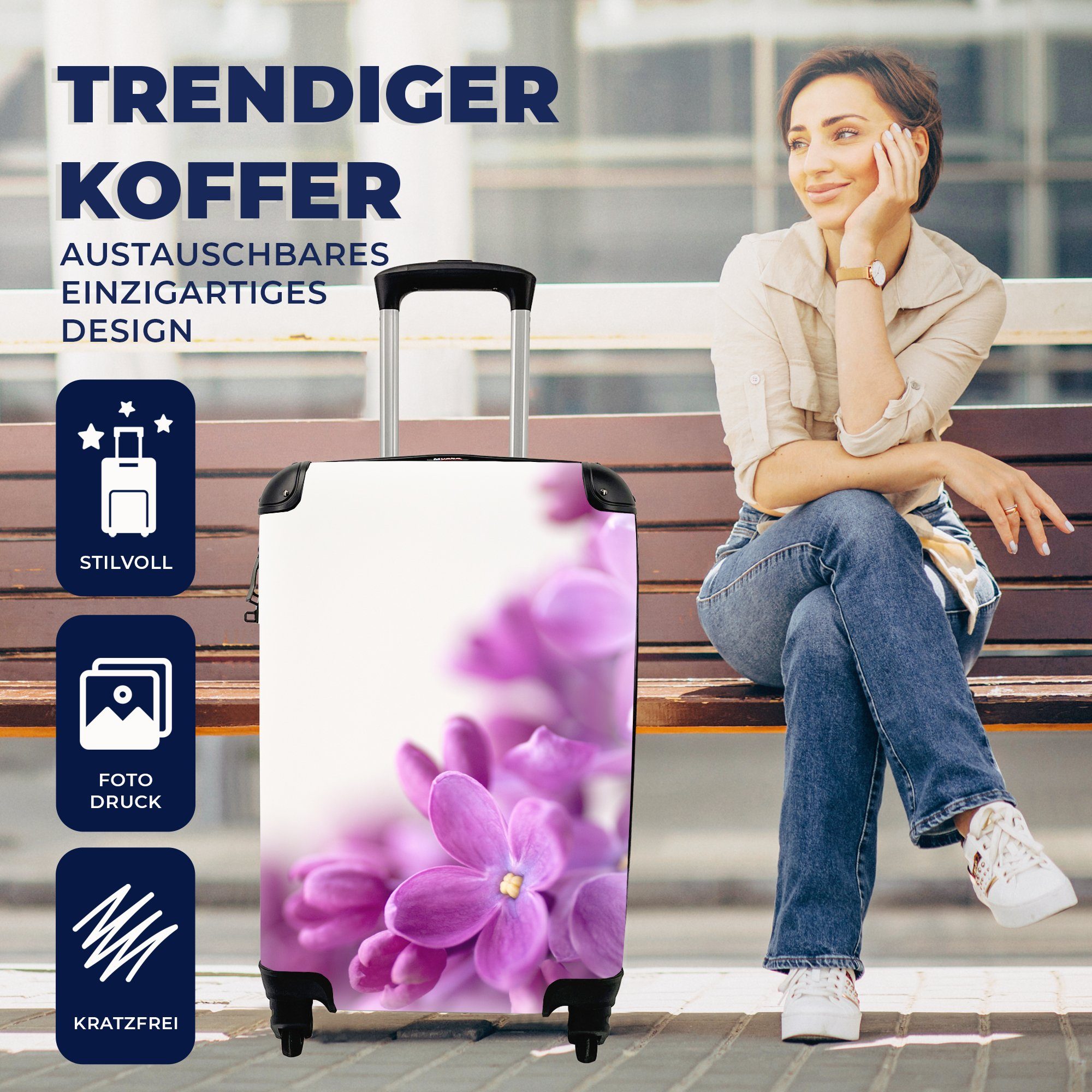 Handgepäckkoffer rollen, mit Reisetasche Rollen, MuchoWow für Blüte, Reisekoffer Trolley, 4 Fliederblätter voller Ferien, Handgepäck in