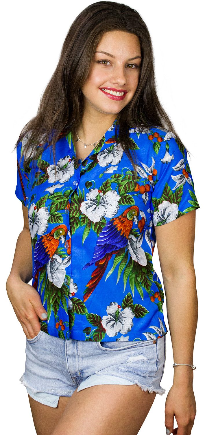 King Kameha Hawaiihemd Cherryparrot Funky Hawaiibluse Damen Kurzarm Front-Tasche Stylish