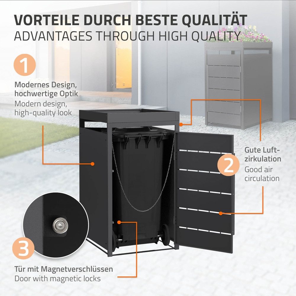ML-DESIGN Mülltonnenbox Müllbox aus Stahl wetterfeste Mülltonnen Verkleidung Mülltonnengarage, Mülltonnencontainer mit Pflanzdach für 1 Tonne 120 oder 240 Liter