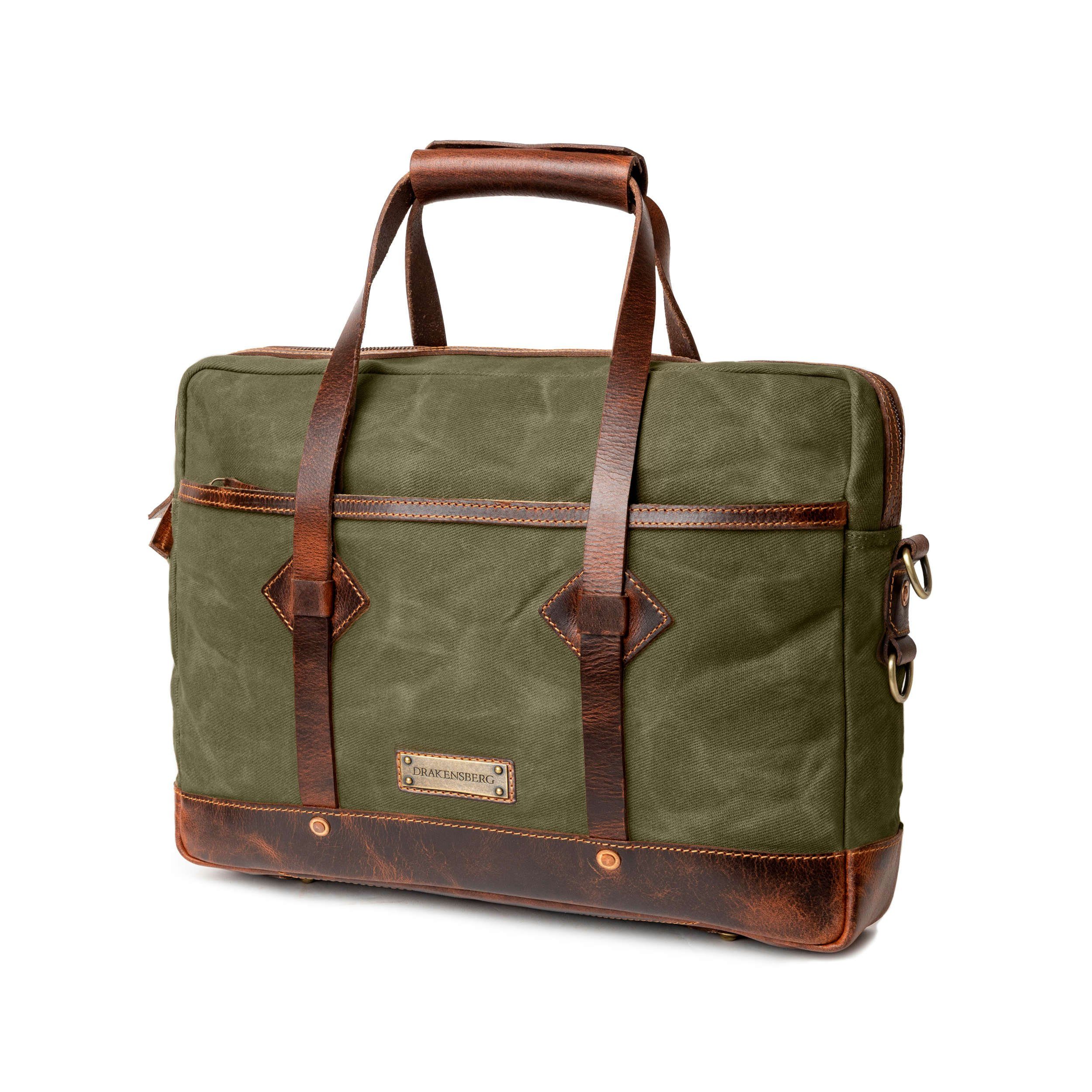 DRAKENSBERG Umhängetasche Aktentasche »Noah« Wald-Grün, Herren Aktentasche mit 16" Laptopfach aus gewachstem Canvas mit Leder