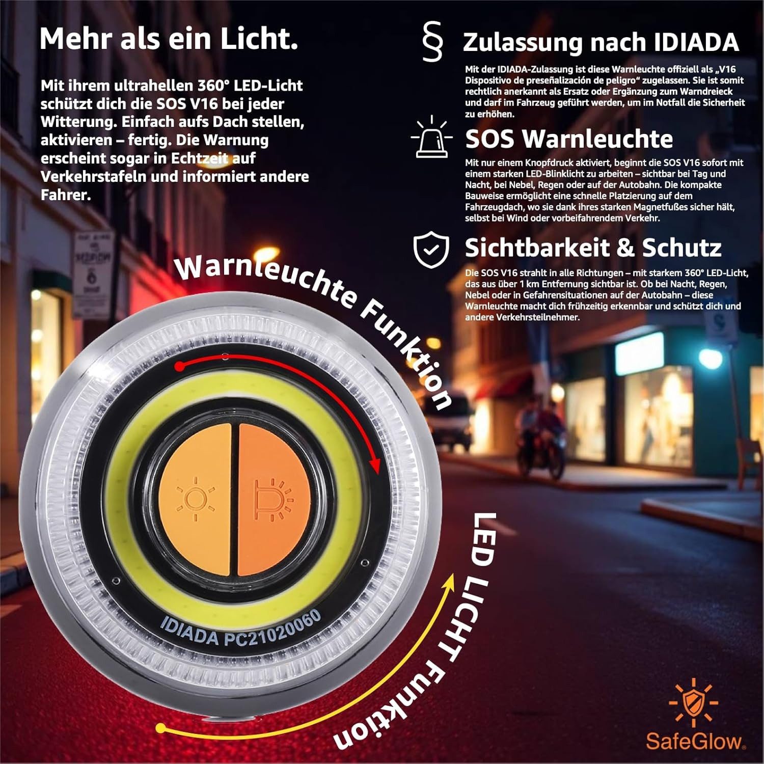 Safeglow LED-Warndreieck Warnleuchte V16 EU IDADA 21020060 Warndreieck Auto & Motorrad (Packung)