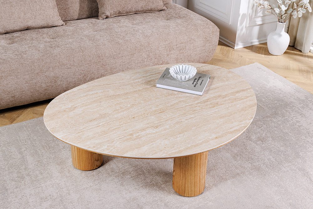 riess-ambiente Couchtisch ORGANIKO 110cm natur - Eiche, Echtholz-Furnier, Travertin, Keramik (Einzelartikel, 1-St), Moderner Couchtisch - ideal für Wohn- und Schlafzimmer oder TV-Ecke