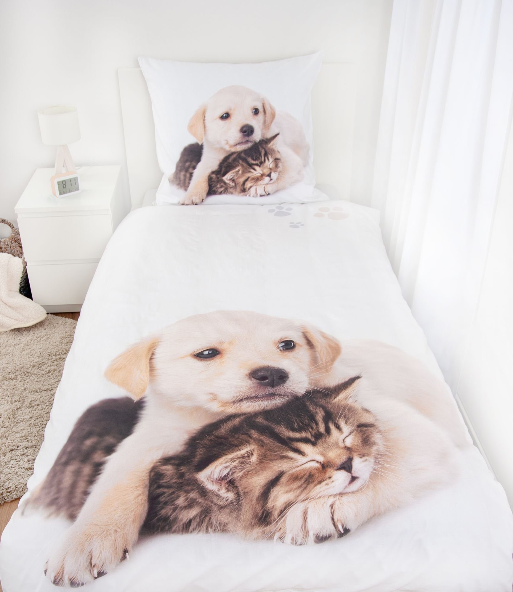 Herding Kinderbettwäsche Bettwäsche Set Hund und Katze Bettwäsche 2 tlg.135 günstig online kaufen