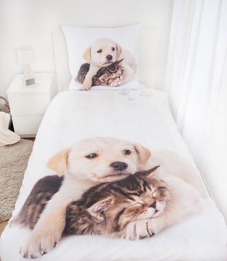 Kinderbettwäsche Bettwäsche Set Hund und Katze Bettwäsche 2 tlg.135 x 200cm, Herding