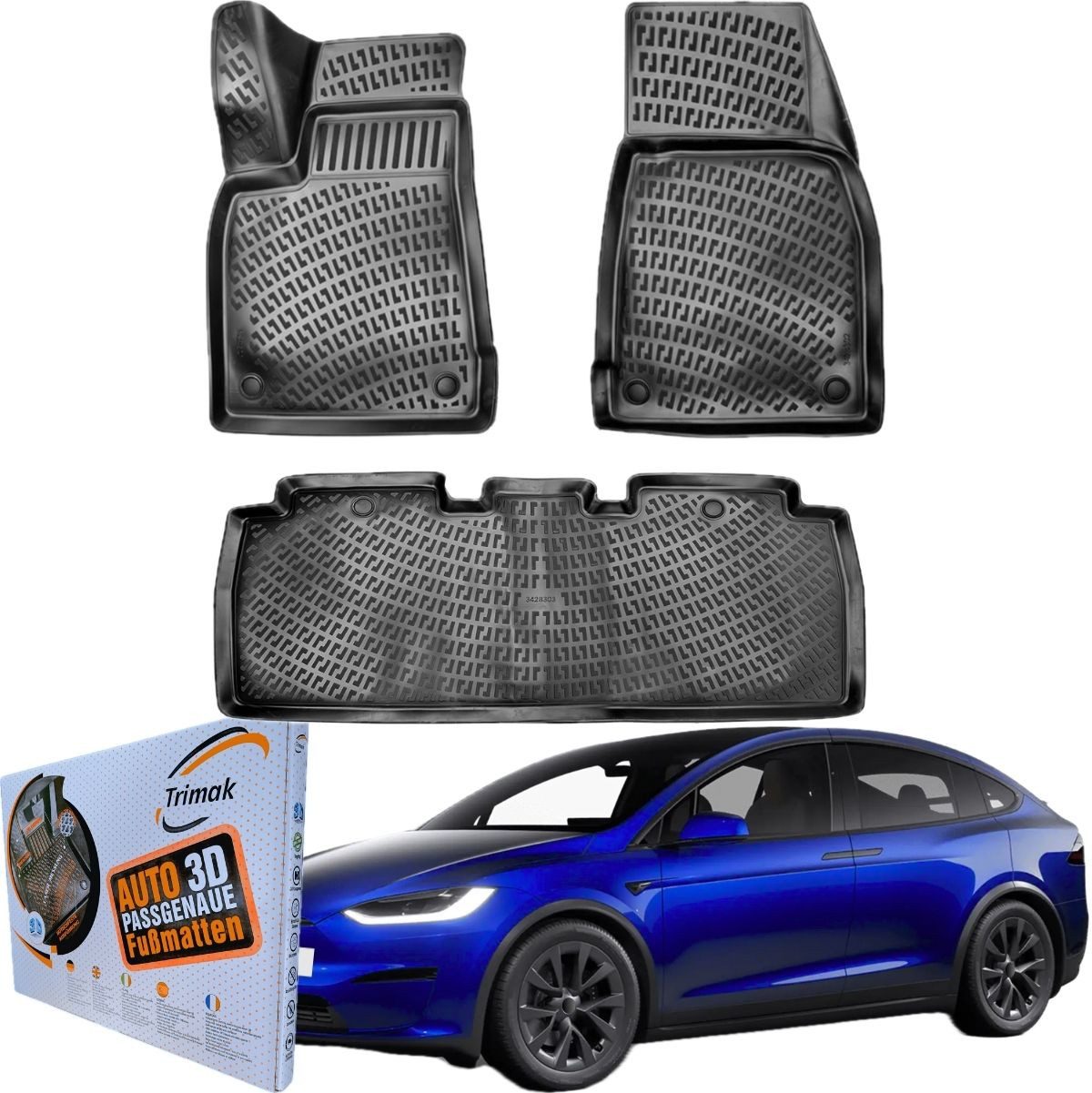 Trimak Passform-Fußmatten Oder Kofferraumwanne Oder Set kompatibel mit Tesla Model X 5 Sitzer, TESLA Model X 5 Sitzer Gummimatten Auto TPE Allwetter Fussmatten