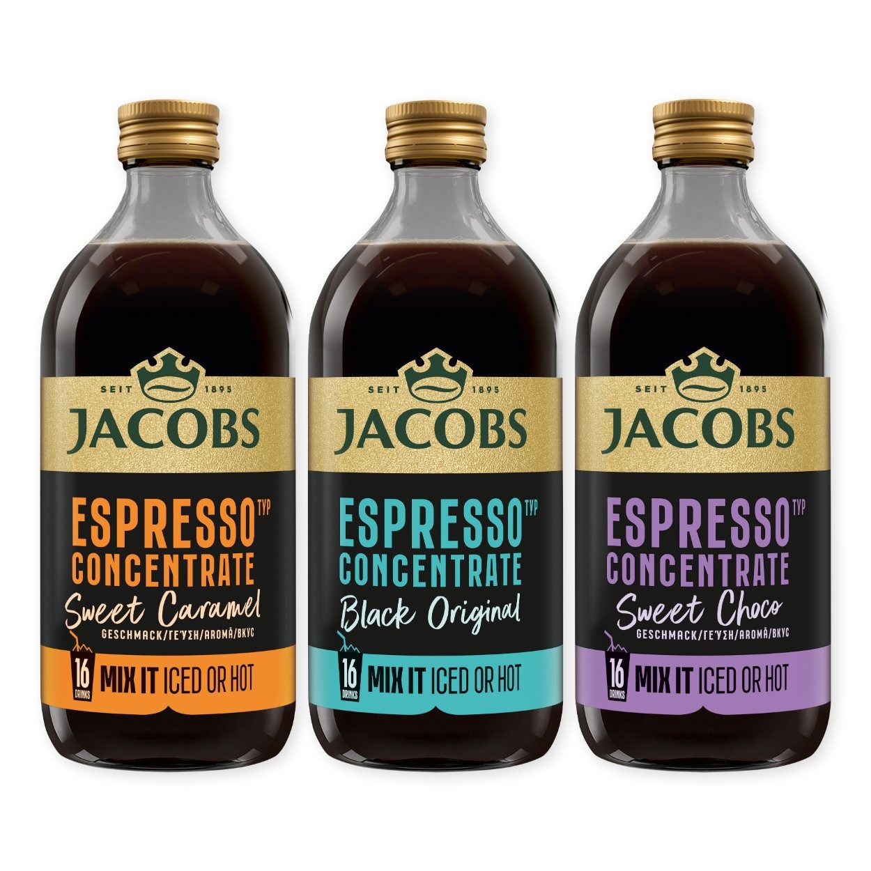 JACOBS Kaffee JACOBS Espresso Concentrate 3er Probierset CHOCO, Caramel & Black, Ideal für Iced Coffee, Latte, Cappuccino oder kreative Kaffee-Rezepte