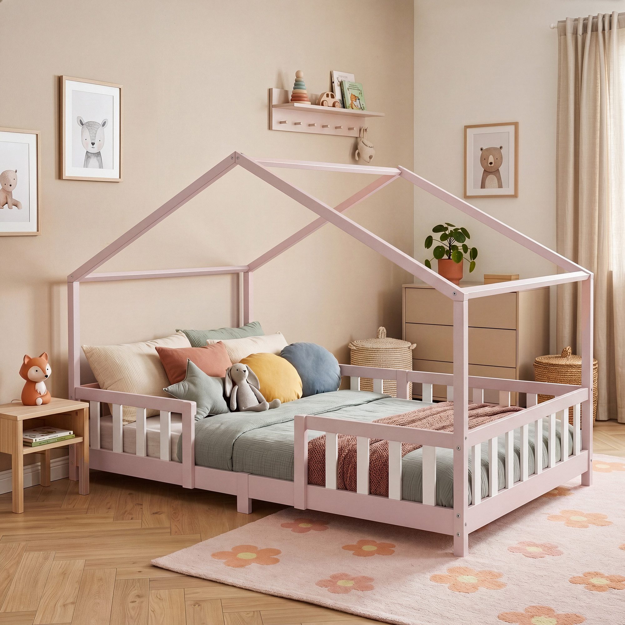 en.casa Kinderbett, »Treviolo« Haus-Optik Montessori 120x200 cm Rosa/Weiß