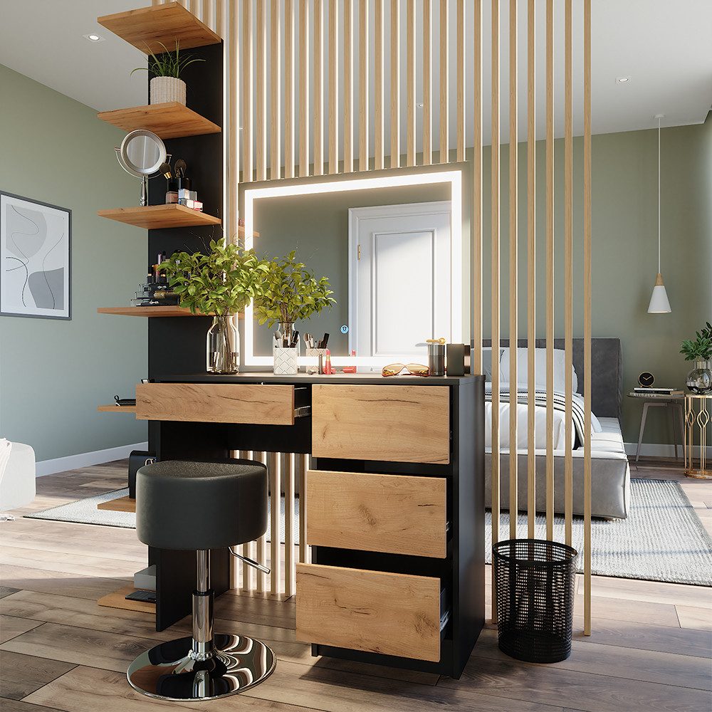 Vicco Schminktisch Sherry, Anthrazit/Goldkraft Eiche, 90 x 75 cm mit LED-Spiegel und H... (2-St)