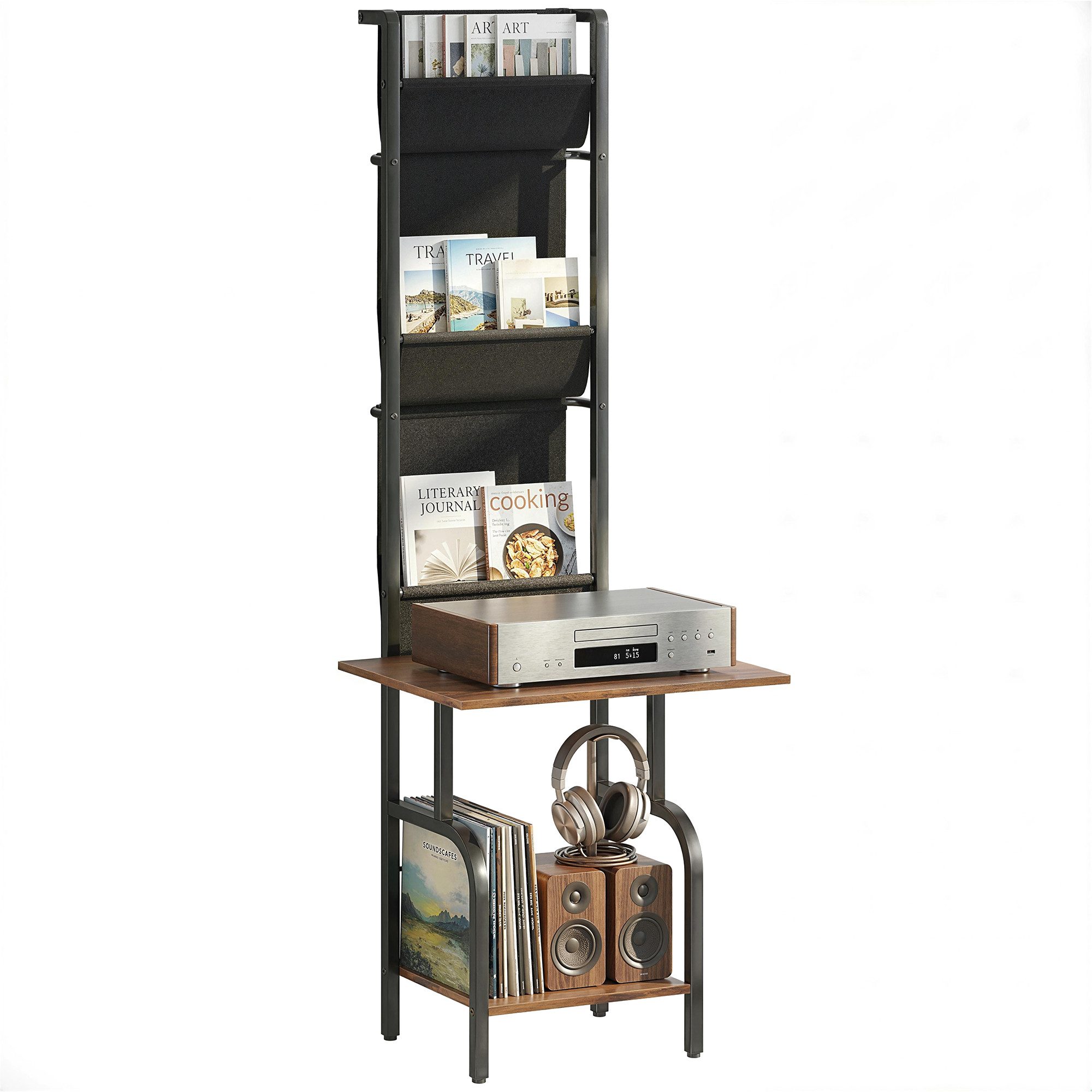 HOMCOM CD-Regal 3 Stofftaschen Bücherregal, DVD Regal 1-tlg., Medienregal mit Tischplatte, Kippsicherung, stabil.