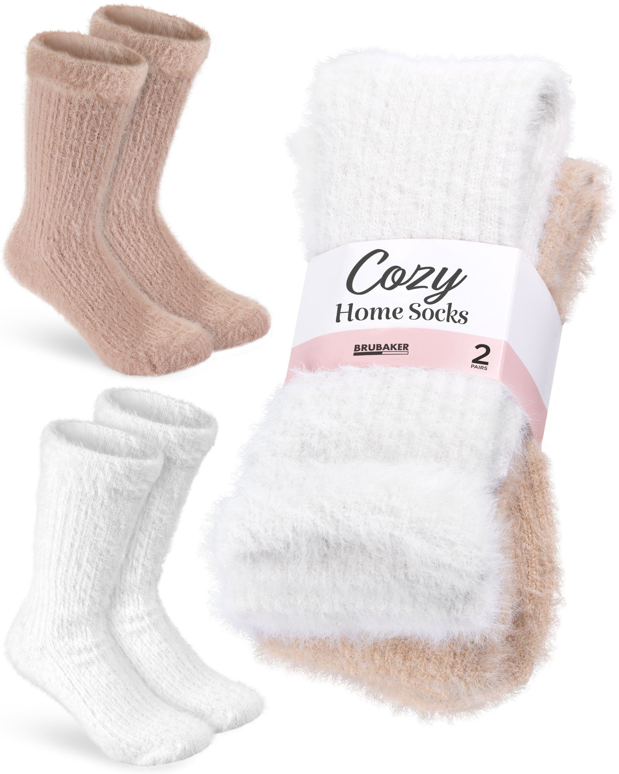 BRUBAKER Haussocken Cozy Bettsocken Beige Weiß - Warme Damen Kuschelsocken (flauschige Plüsch Socken für Frauen, 2-Paar) Weiche atmungsaktive Plüschsocken Wintersocken