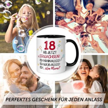 GRAVURZEILE Tasse mit Spruch - 18 ab jetzt erwachsen - Geschenk für Mädchen & Jungen, zum 18. Geburtstag - Geburtstagsgeschenk - Schwarz & Weiß