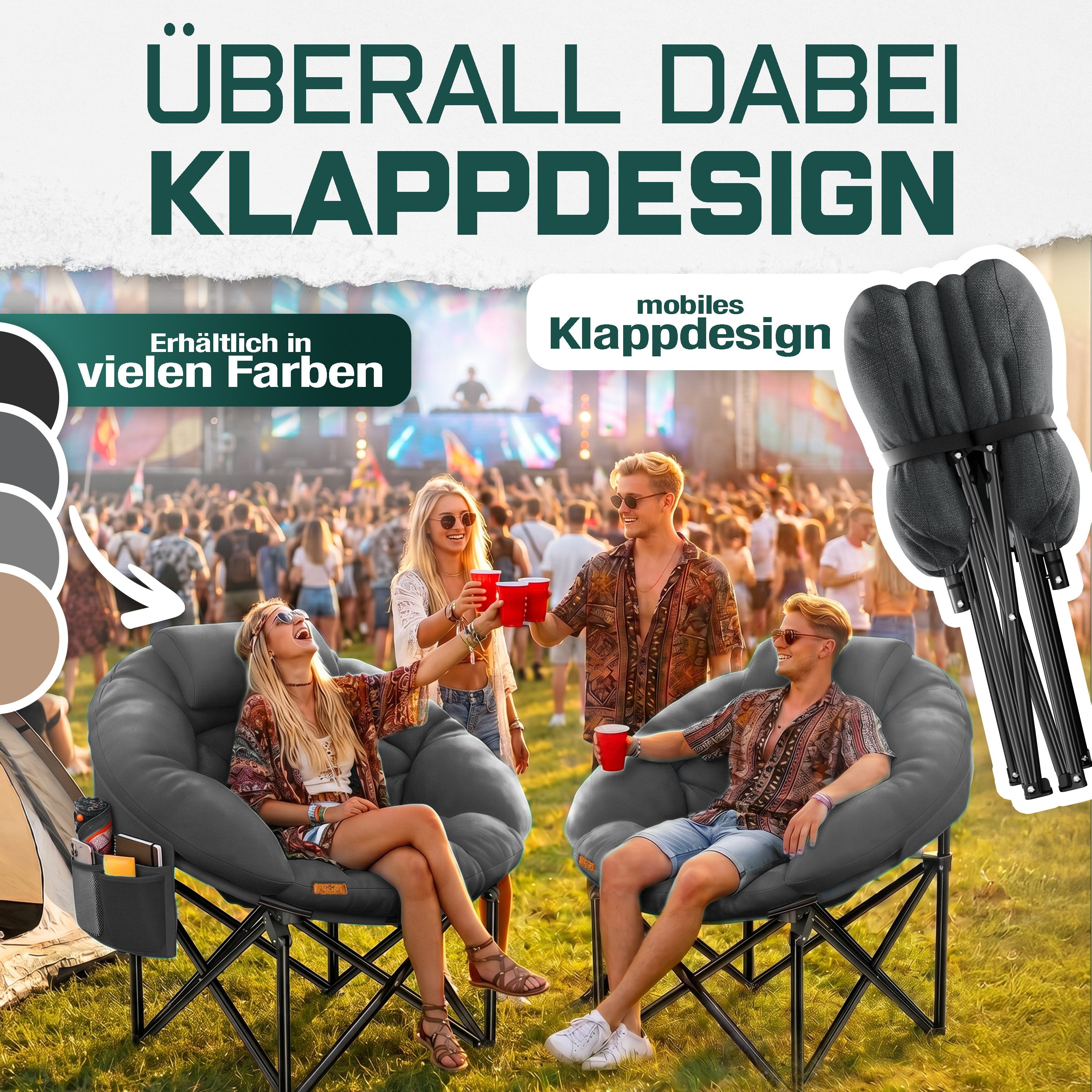 KESSER Campingstuhl XXL faltbar, bis 150 kg, inkl. Kissen, Seitentasche & Cover, Outdoor + Indoor für Camping, Angeln, Festival & Strand – Bild 4 von 5