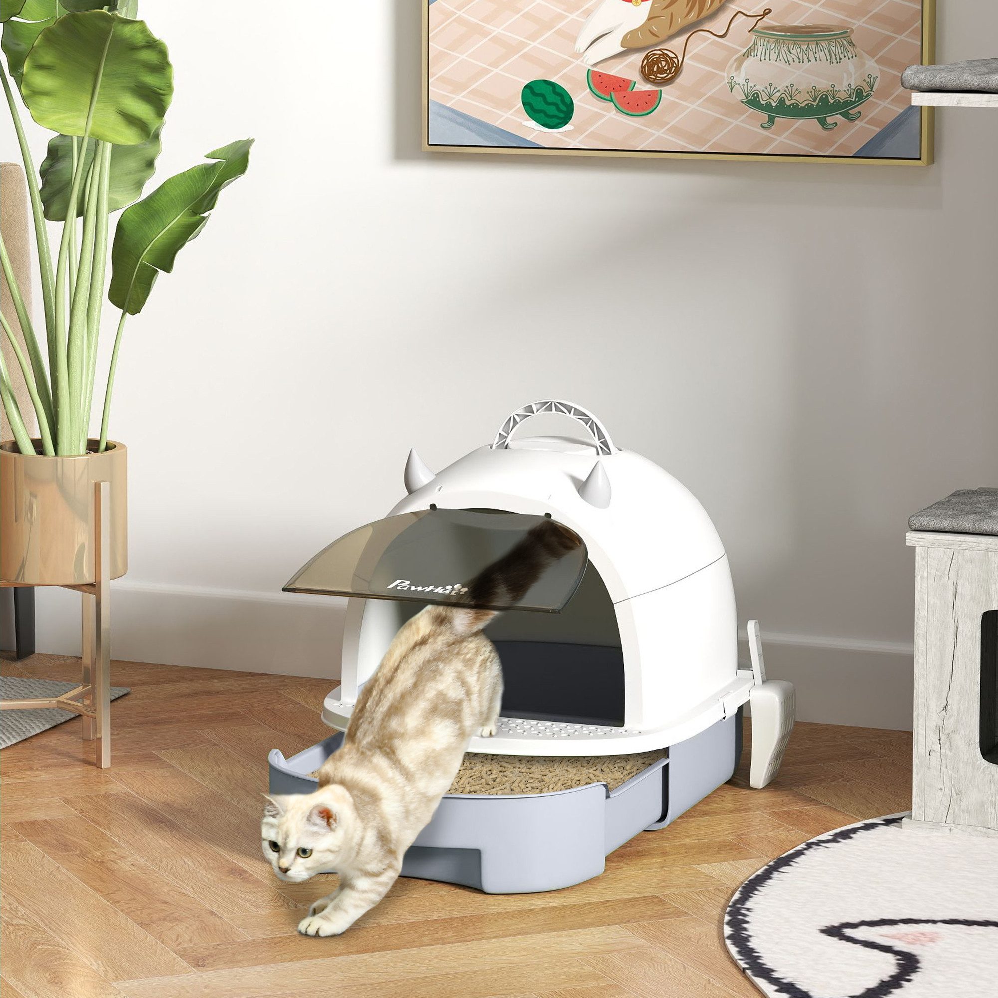 PawHut Katzentoilette Katzenklo mit Deckel mit Schaufel Bodenschublade Leckagepedal, für Katzen bis 5 kg, 40,5 x 52 x 39 cm, Grau