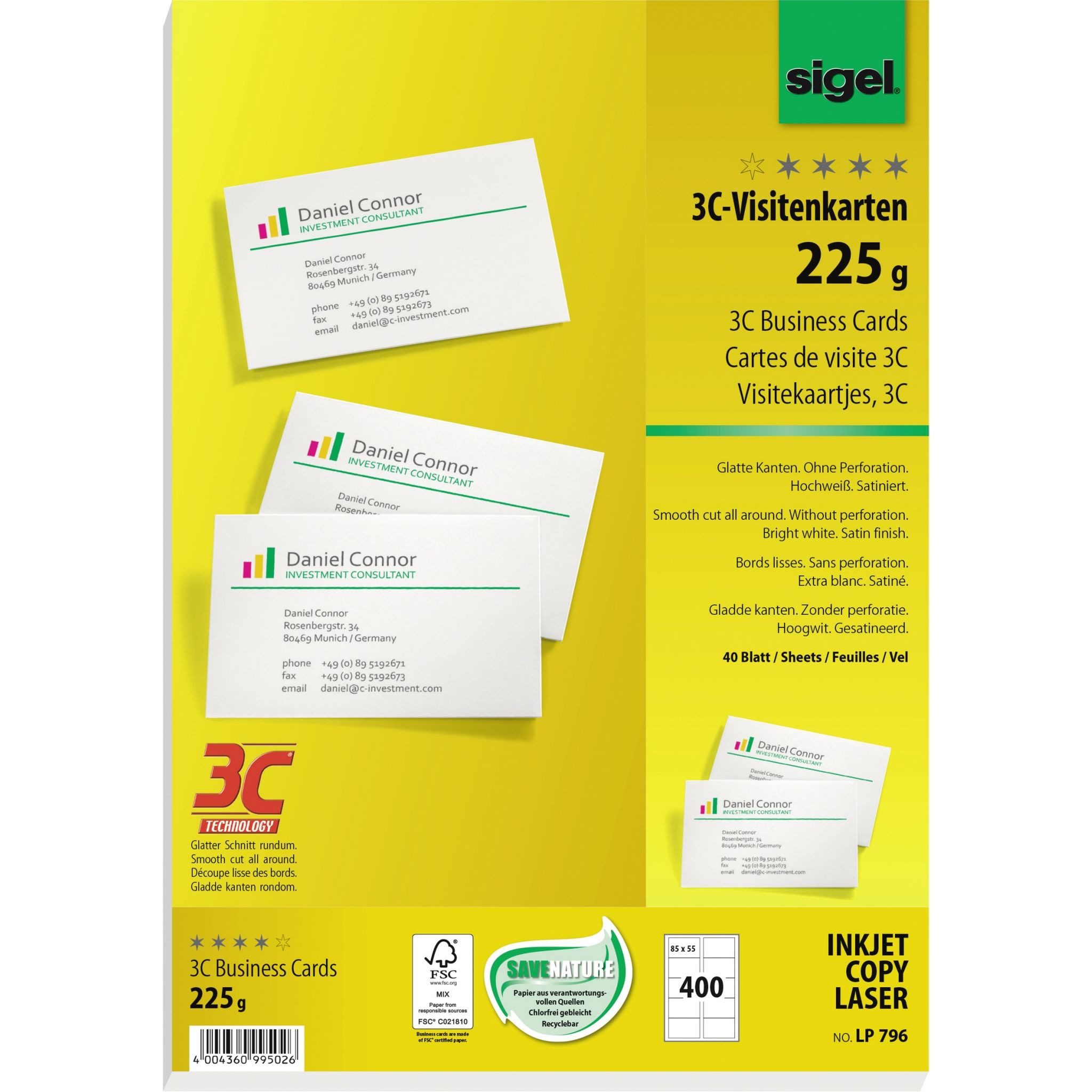 Sigel Visitenkartenhülle SIGEL LP796 Visitenkarten - hochweiß - 225 g/m² - 400 Karten