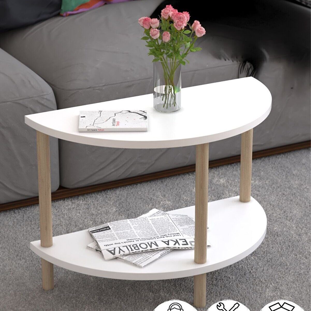 en.casa Couchtisch, Halbrund, 2 Ablagen, werkzeuglose Montage 91332213