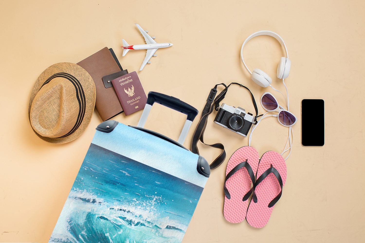 4 - Reisekoffer - Reisetasche mit Rollen, Strand, Golf Meer Ferien, MuchoWow Trolley, Handgepäck Handgepäckkoffer rollen, für