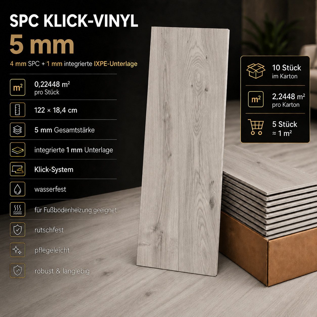 Berti Graf Designboden SPC Vinylboden 5 mm Klick wasserfest mit Trittschalldämmung, kleberfrei, pflegeleicht – Bild 3 von 5