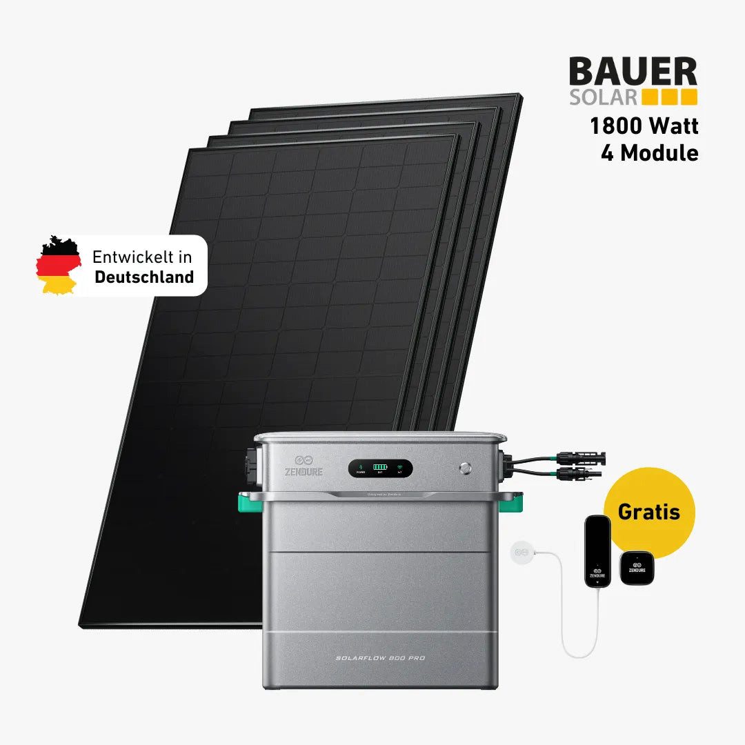 Balkonstrom Balkonkraftwerk 1800W + Speicher, Zendure Solarflow 800 Pro, Komplettset, Bifazial, 1800 W, Monokristallin, (Zendure Solarflow 800 Pro Stromspeicher), Made in Germany Kabel