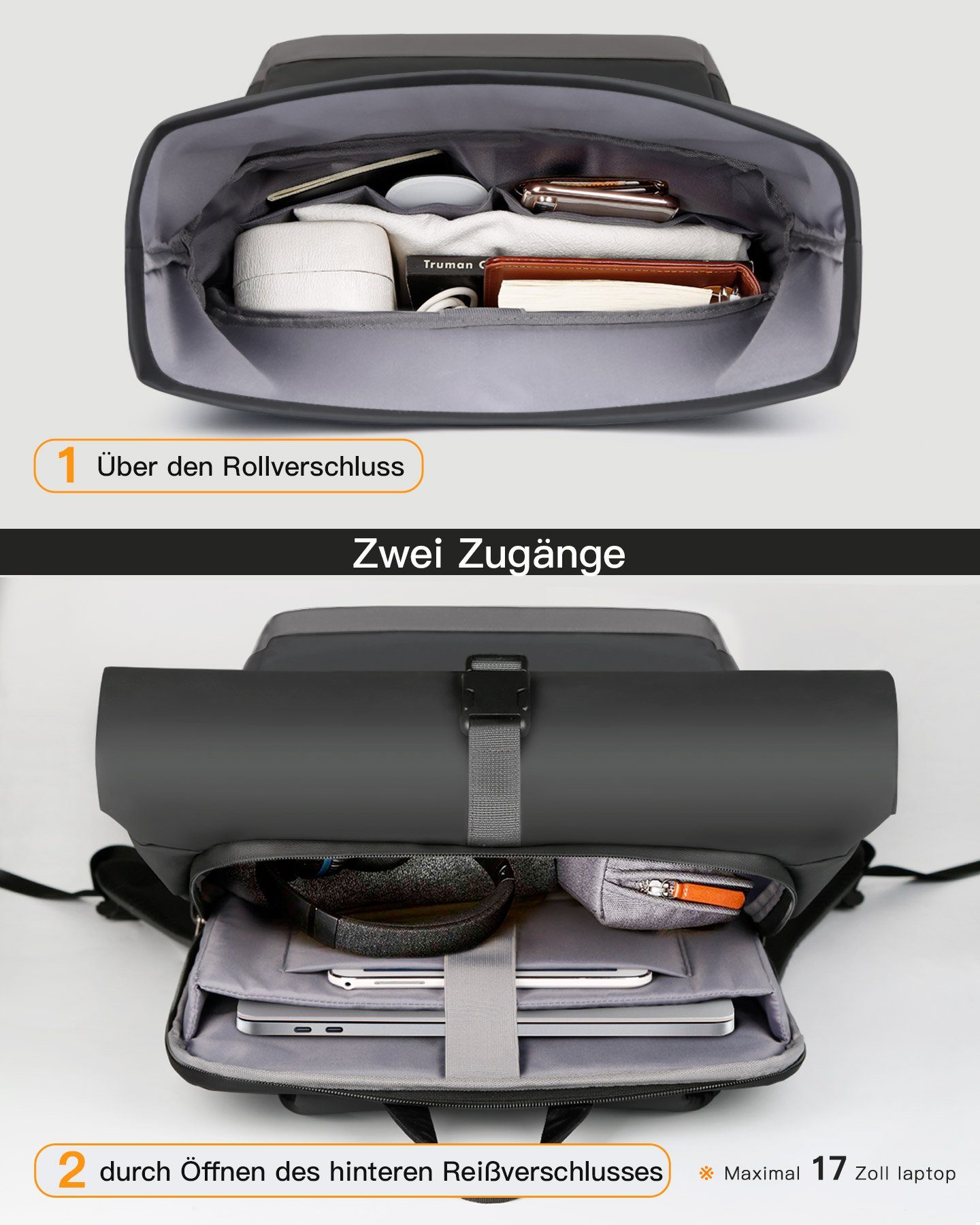 Inateck Laptoprucksack RollTop Rucksack Herren Damen 25L-30L Schulrucksack, rucksack wasserdicht