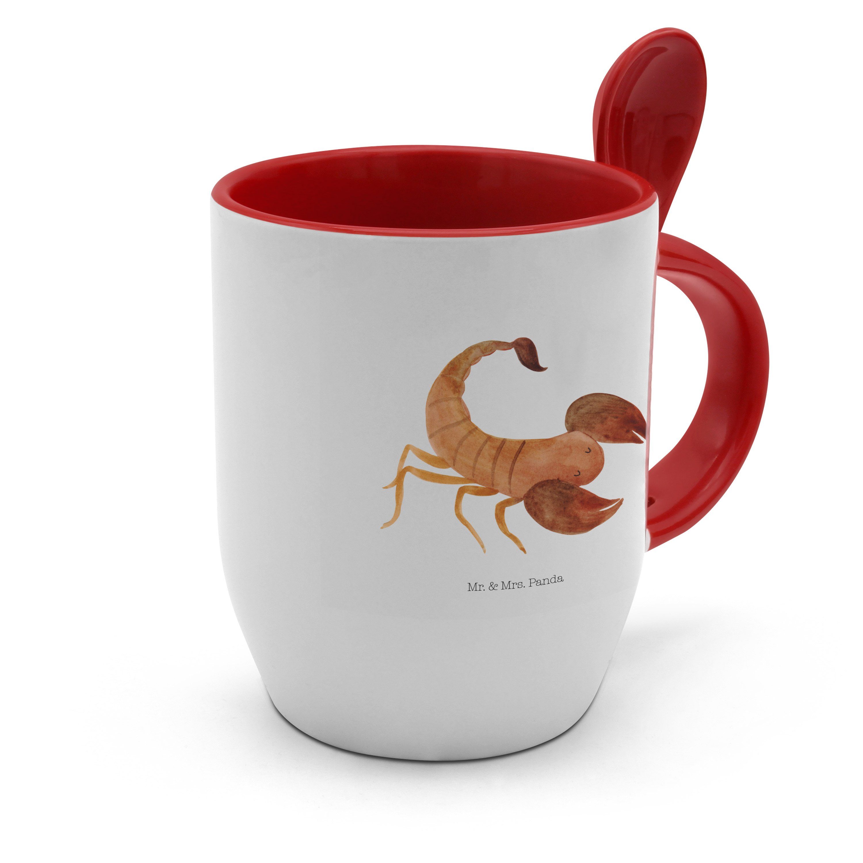 Mr. & Mrs. Panda Tasse Geschenk, Weiß Sternzeichen Skorpione, mit Skorpion - Tasse Löffel, Keramik 