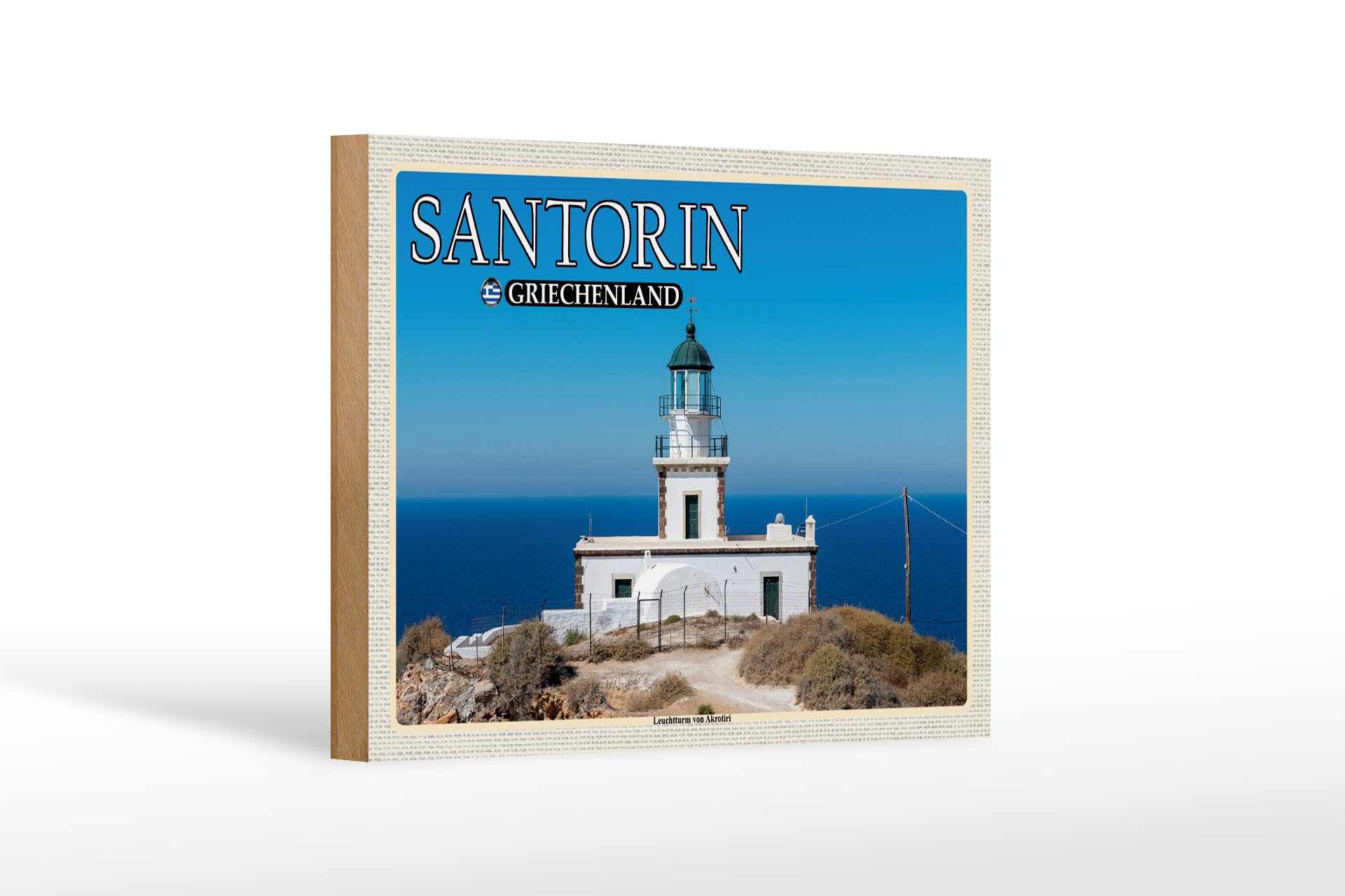 Femer GmbH Holzbild Reise 18x12 cm Santorin Griechenland Leuchtturm Akrotiri, (1 St), Glatte Holzfaserplatte (MDF), vorn beschichtet