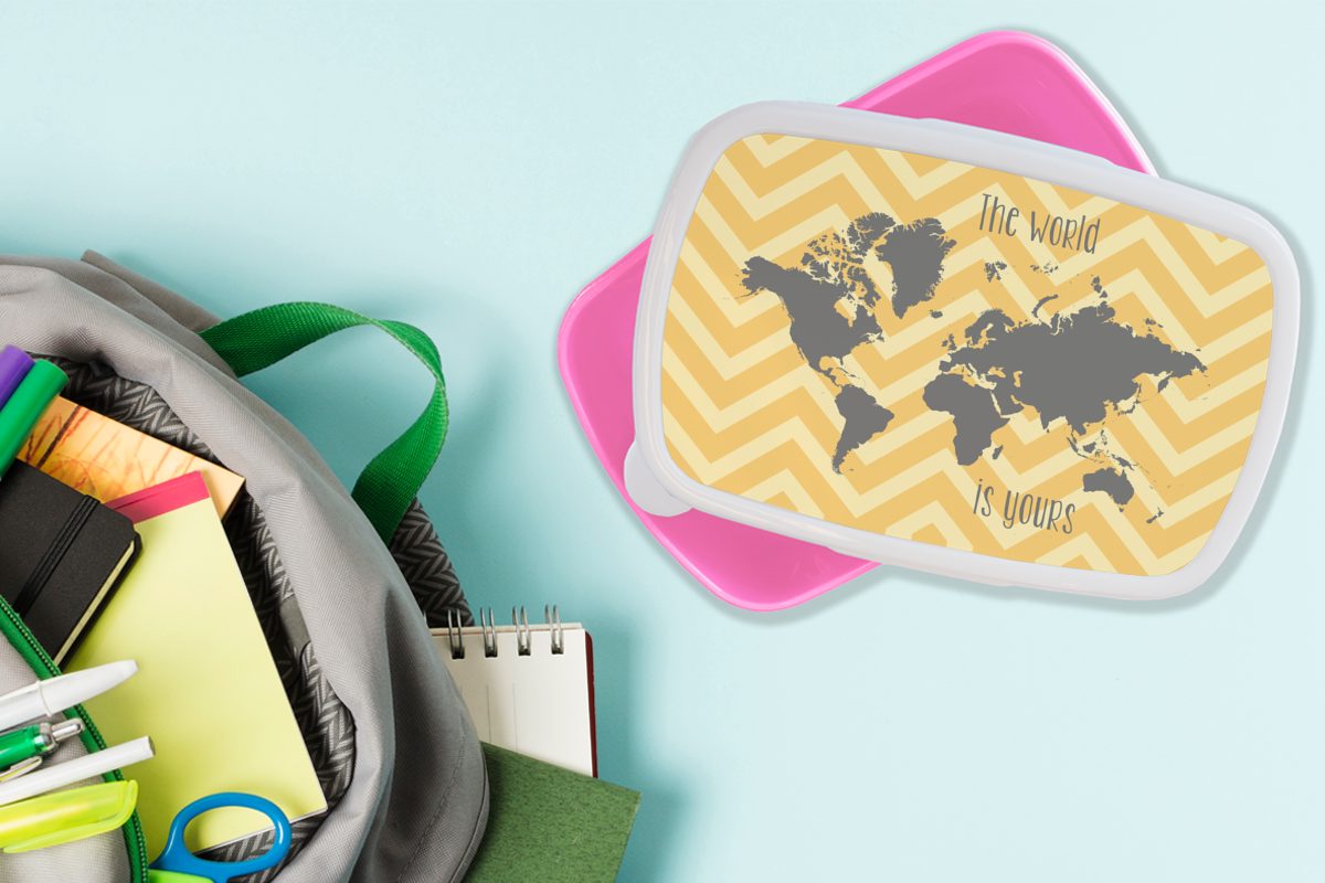 MuchoWow Lunchbox Brotdose Brotbox Kinder, rosa Grau (2-tlg), für - Snackbox, Kunststoff, Muster, Weltkarte Kunststoff Mädchen, Erwachsene, 